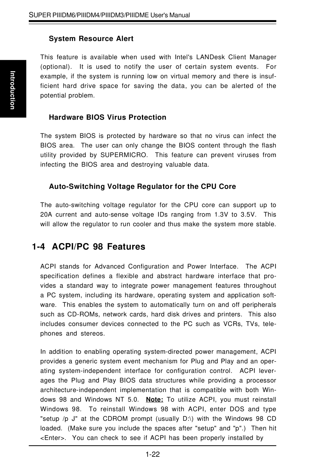 SUPER MICRO Computer Super PIIIDM6 user manual ACPI/PC 98 Features, System Resource Alert, Hardware Bios Virus Protection 