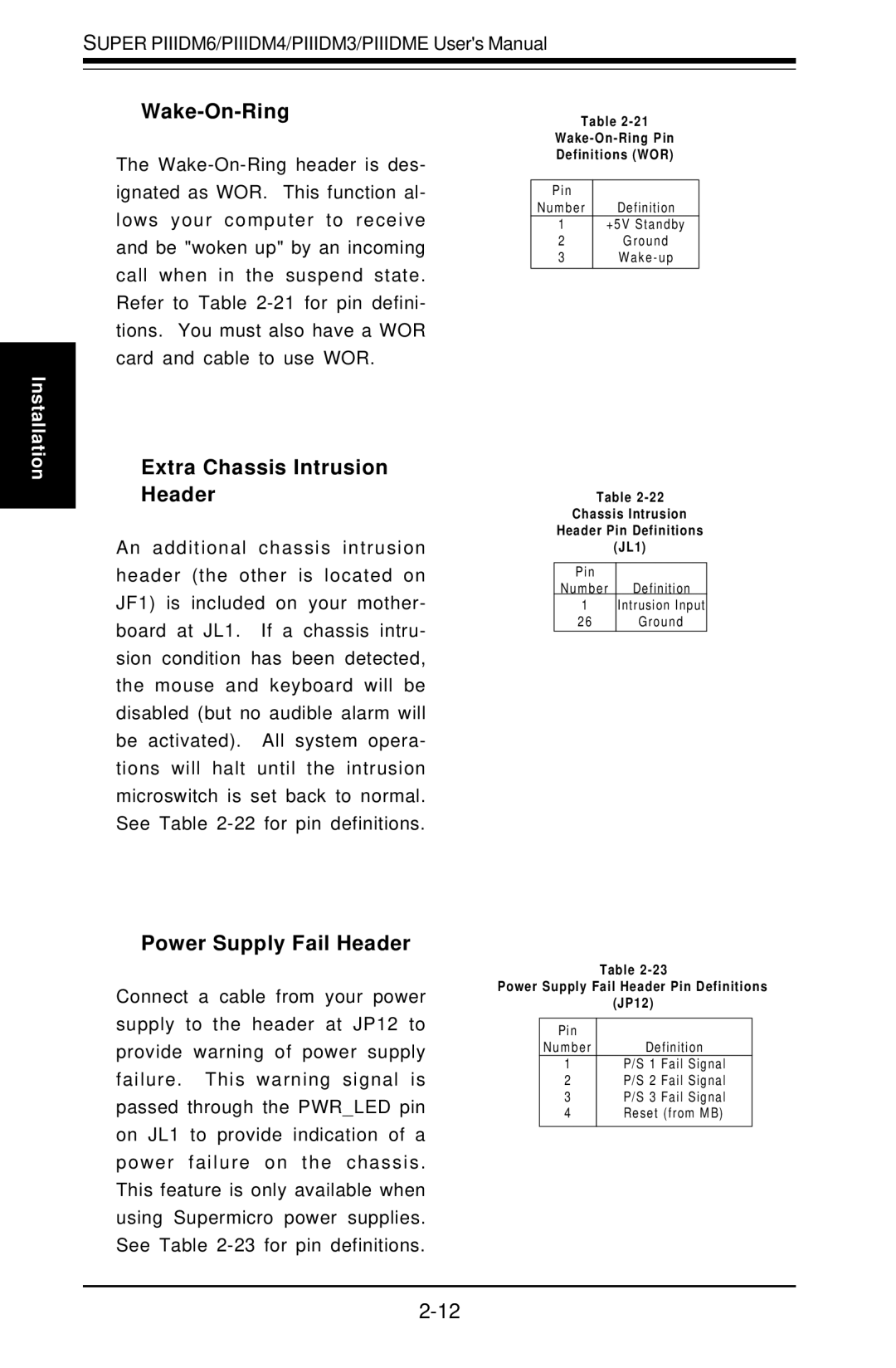 SUPER MICRO Computer Super PIIIDM6, Super PIIIDM3 Wake-On-Ring, Extra Chassis Intrusion Header, Power Supply Fail Header 