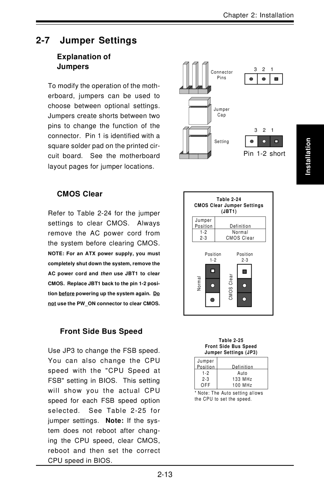 SUPER MICRO Computer Super PIIIDM4, Super PIIIDM3 Jumper Settings, Explanation Jumpers, Cmos Clear, Front Side Bus Speed 