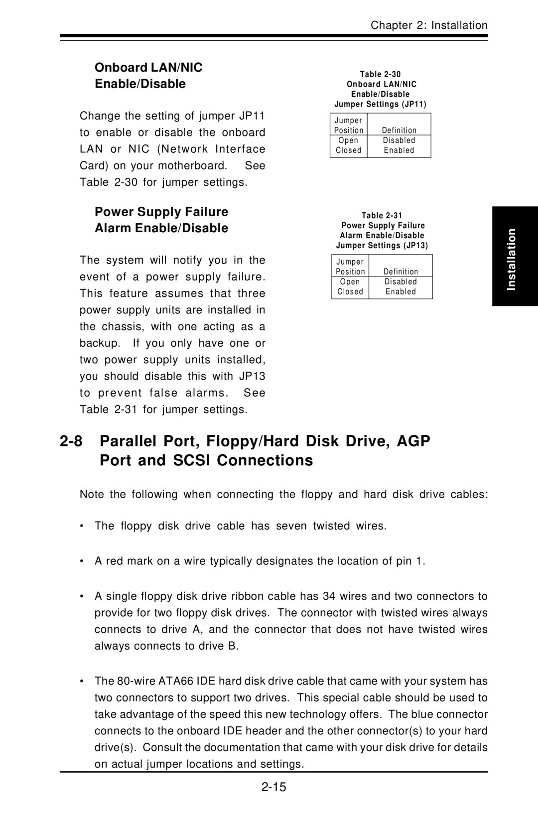 SUPER MICRO Computer Super PIIIDME user manual Enable/DisableOnboard LAN/NIC, Power Supply Failure Alarm Enable/Disable 