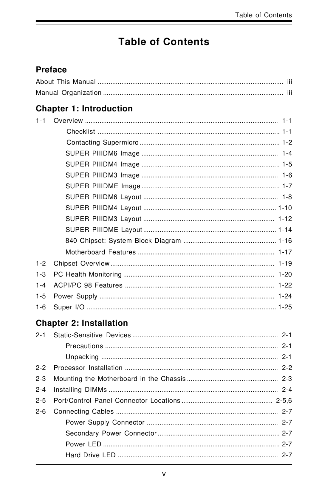 SUPER MICRO Computer Super PIIIDME, Super PIIIDM3, Super PIIIDM6, Super PIIIDM4 user manual Table of Contents 