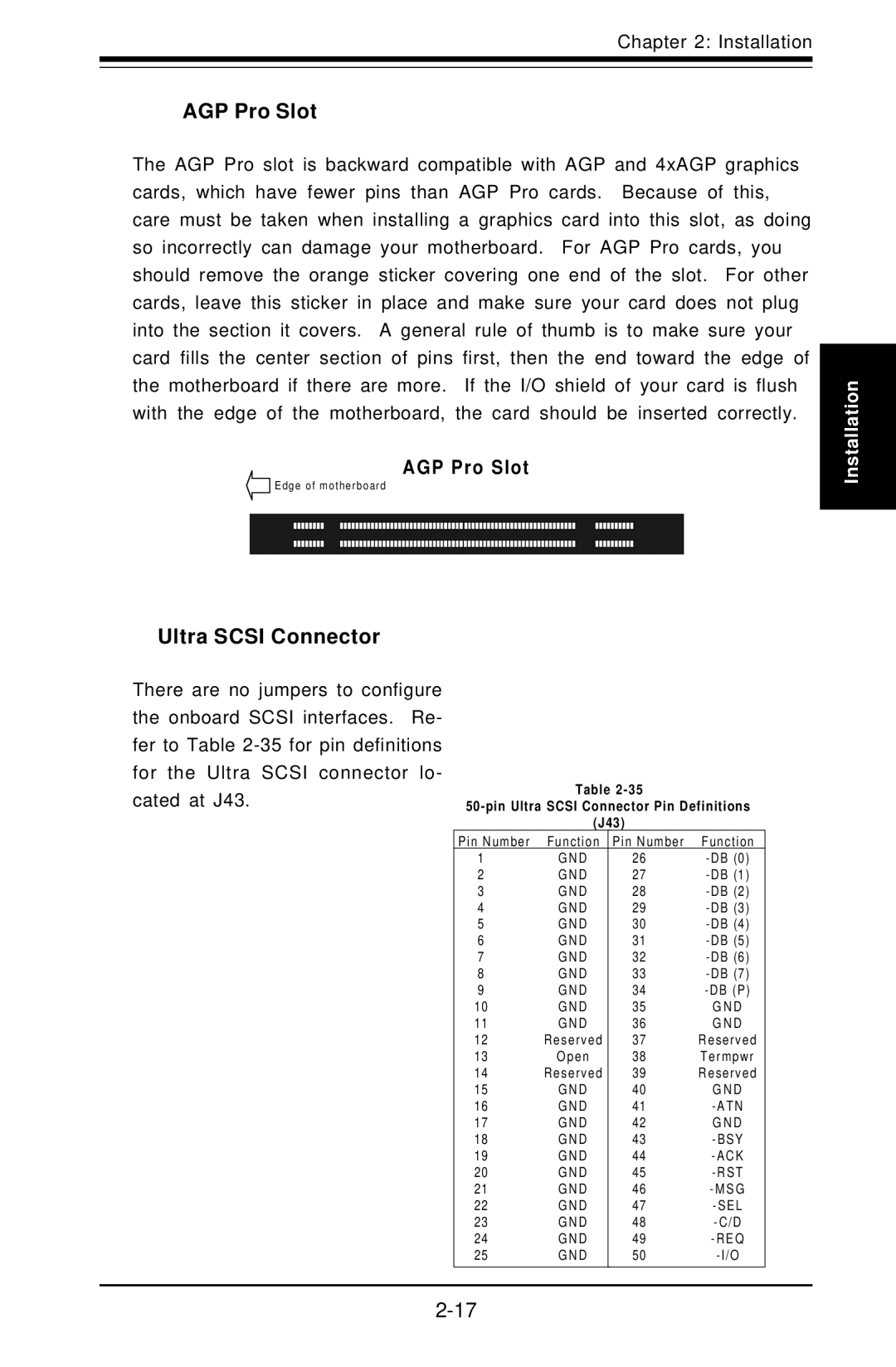 SUPER MICRO Computer Super PIIIDM4, Super PIIIDM3, Super PIIIDME, Super PIIIDM6 user manual AGP Pro Slot, Ultra Scsi Connector 