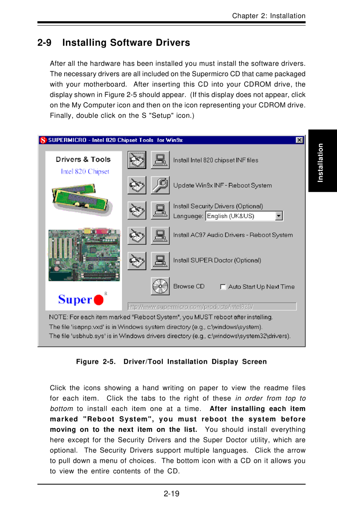 SUPER MICRO Computer Super PIIIDME, Super PIIIDM3 Installing Software Drivers, Driver/Tool Installation Display Screen 