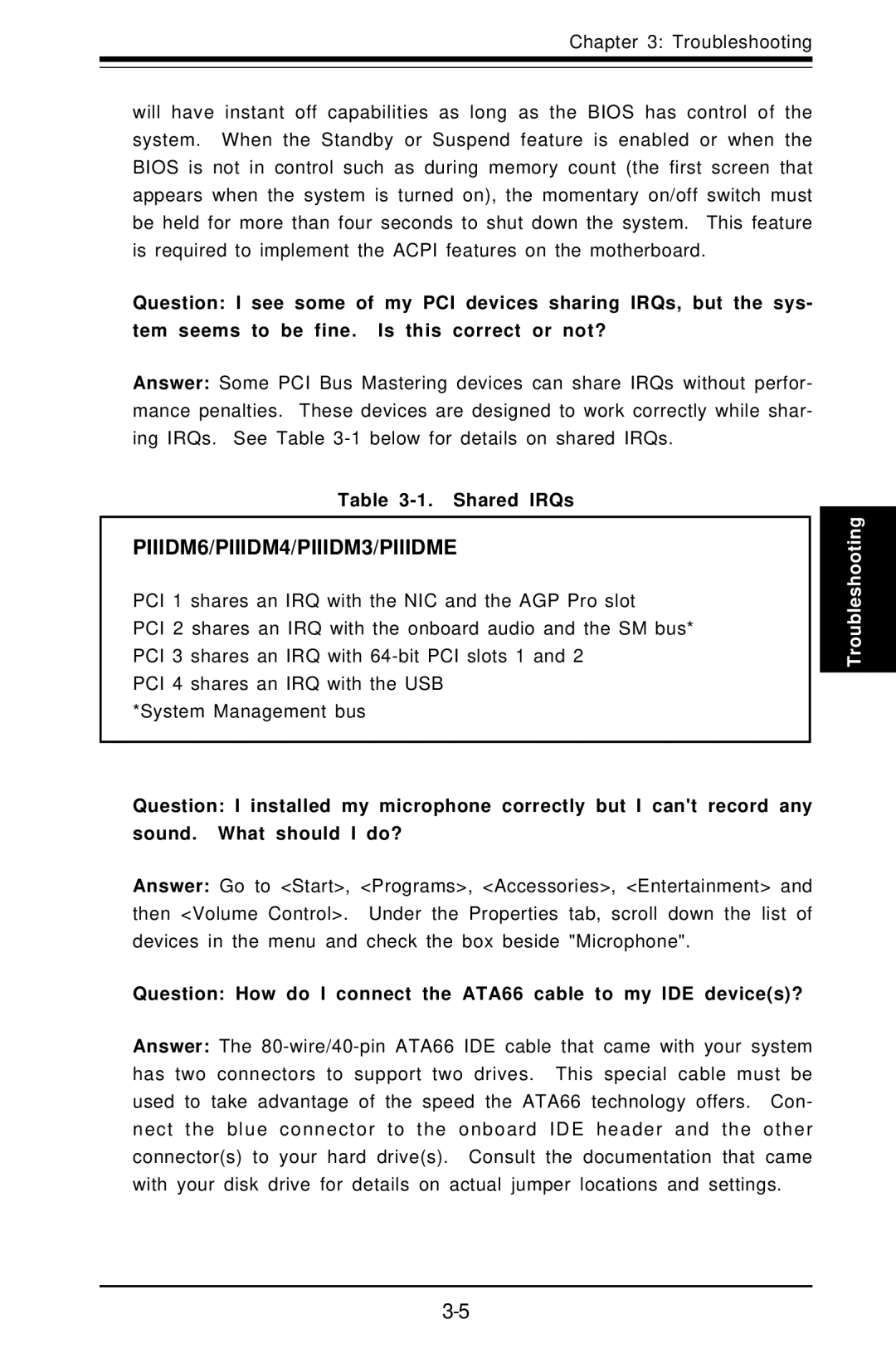 SUPER MICRO Computer Super PIIIDM4 user manual Shared IRQs, Question How do I connect the ATA66 cable to my IDE devices? 