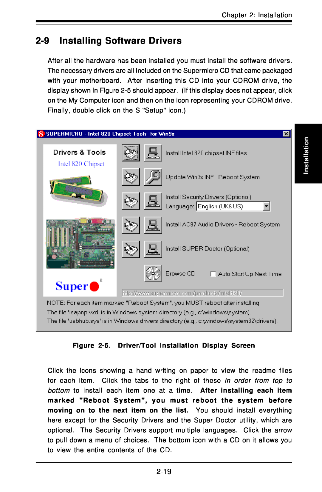 SUPER MICRO Computer Super PIIIDME user manual Installing Software Drivers, 5. Driver/Tool Installation Display Screen 