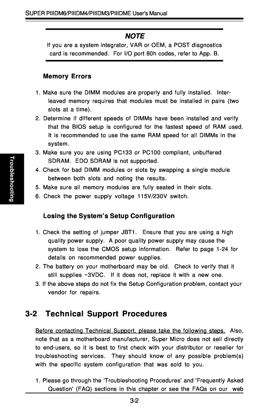 SUPER MICRO Computer Super PIIIDM3 Technical Support Procedures, Memory Errors, Losing the System’s Setup Configuration 