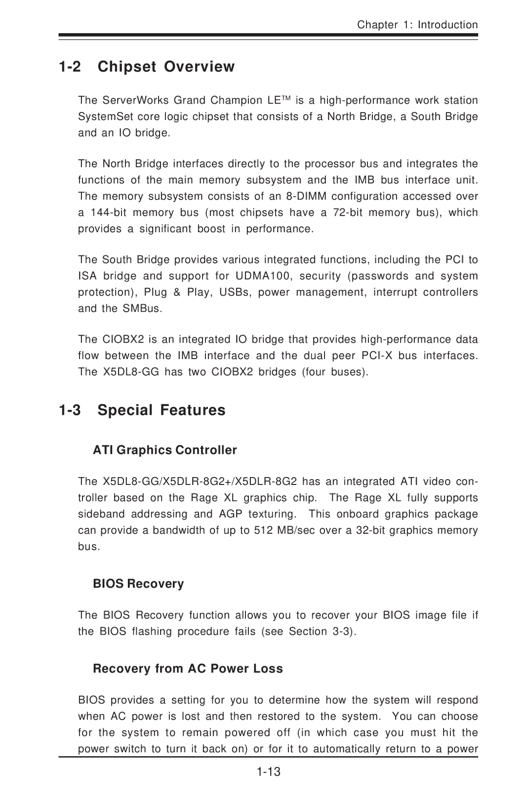 SUPER MICRO Computer SUPER X5DLR-8G2+ Chipset Overview, Special Features, ATI Graphics Controller, Bios Recovery 