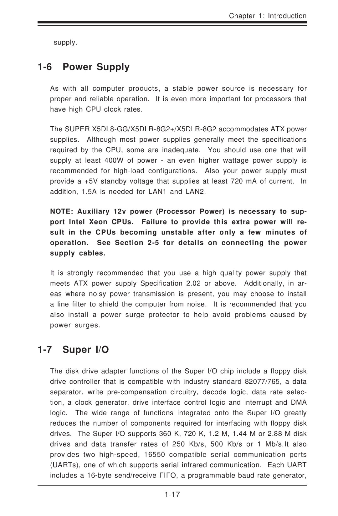 SUPER MICRO Computer SUPER X5DL8-GG, SUPER X5DLR-8G2+ user manual Power Supply, Super I/O 