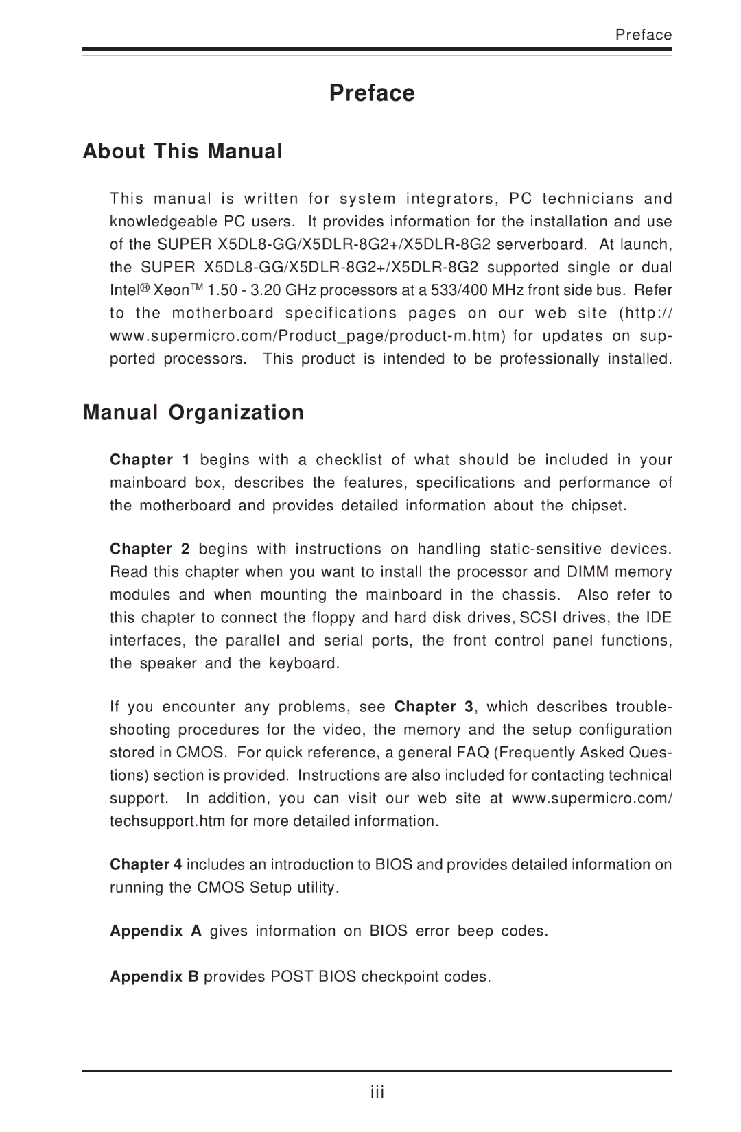 SUPER MICRO Computer SUPER X5DLR-8G2+, SUPER X5DL8-GG user manual Preface, About This Manual Manual Organization 