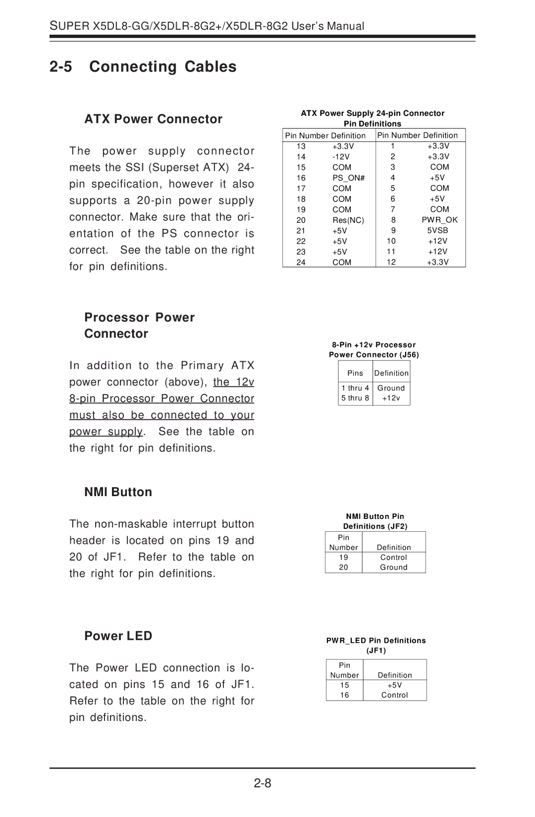 SUPER MICRO Computer SUPER X5DL8-GG Connecting Cables, ATX Power Connector, Processor Power Connector, NMI Button 