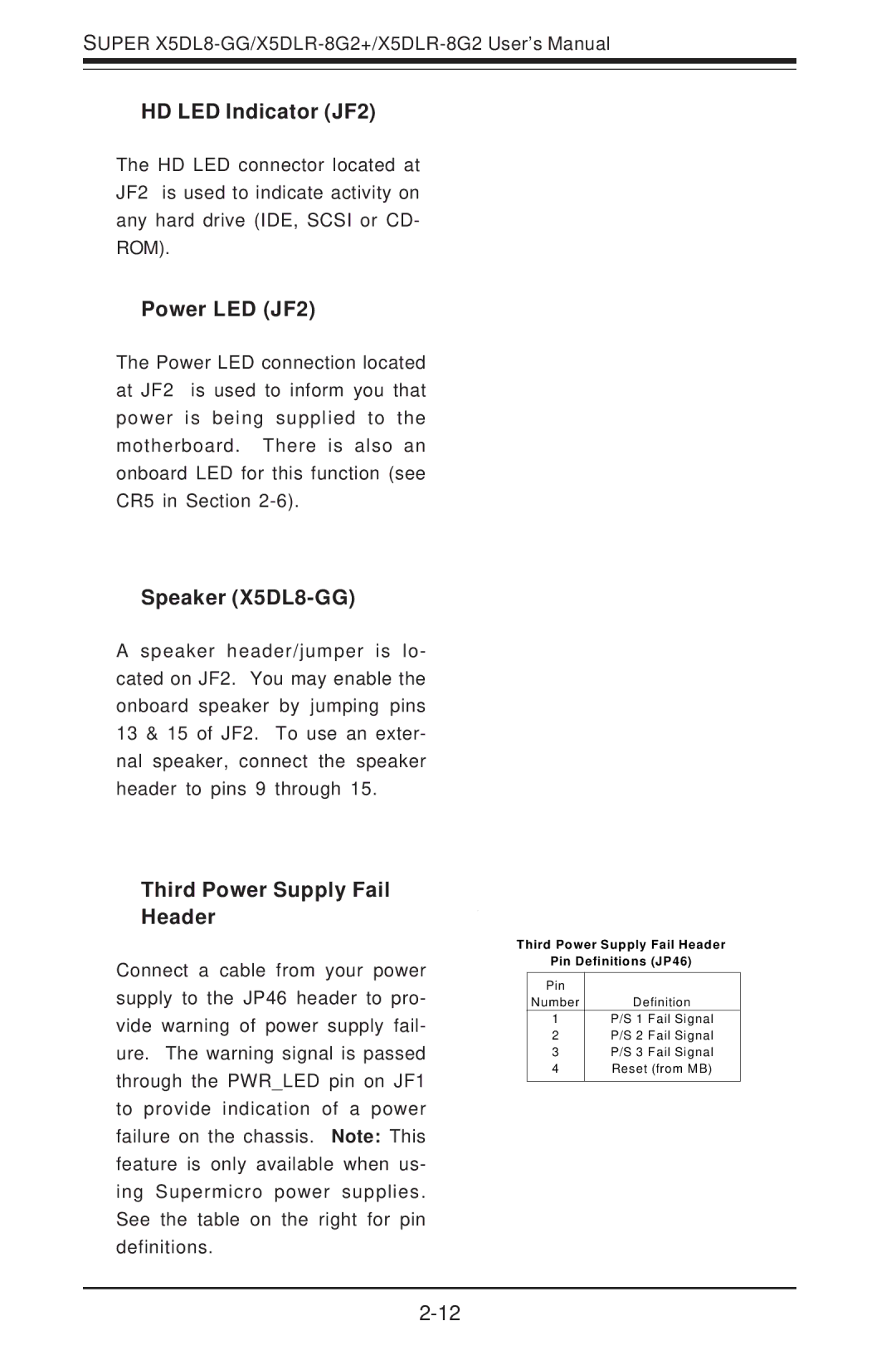 SUPER MICRO Computer SUPER X5DLR-8G2 HD LED Indicator JF2, Power LED JF2, Speaker X5DL8-GG, Third Power Supply Fail Header 