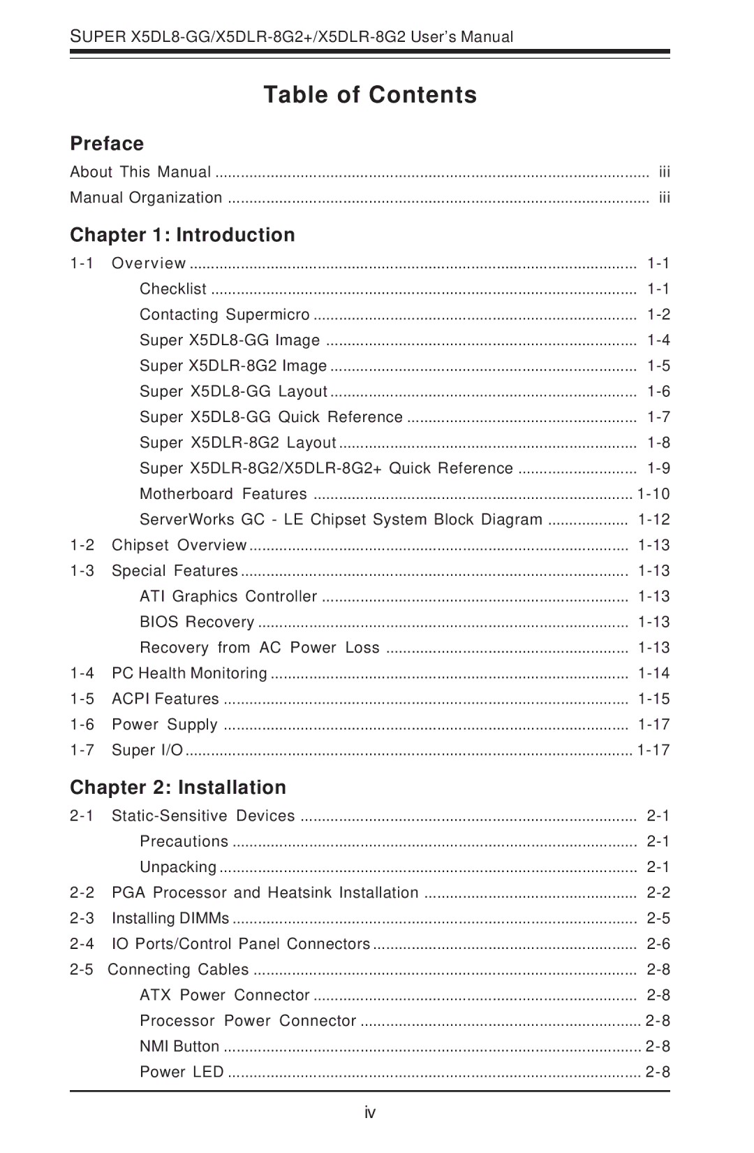 SUPER MICRO Computer SUPER X5DLR-8G2+, SUPER X5DL8-GG user manual Table of Contents 