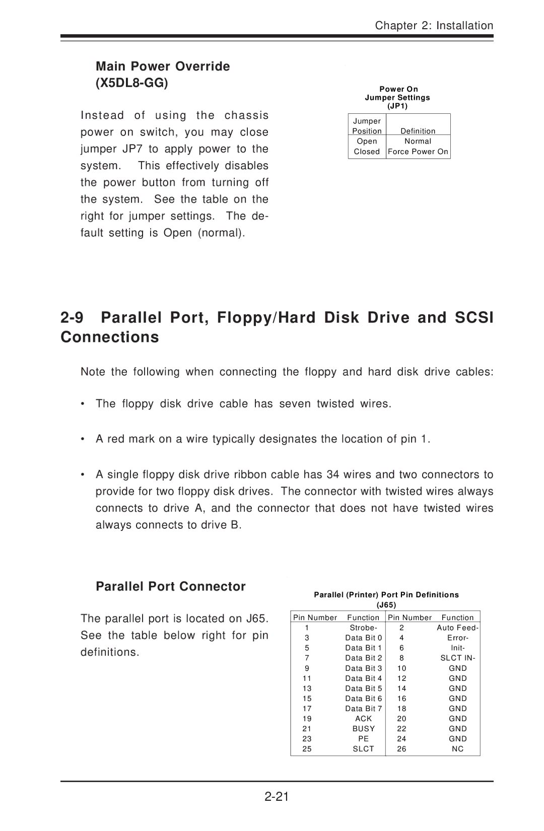 SUPER MICRO Computer SUPER X5DLR-8G2 Parallel Port, Floppy/Hard Disk Drive and Scsi Connections, Parallel Port Connector 