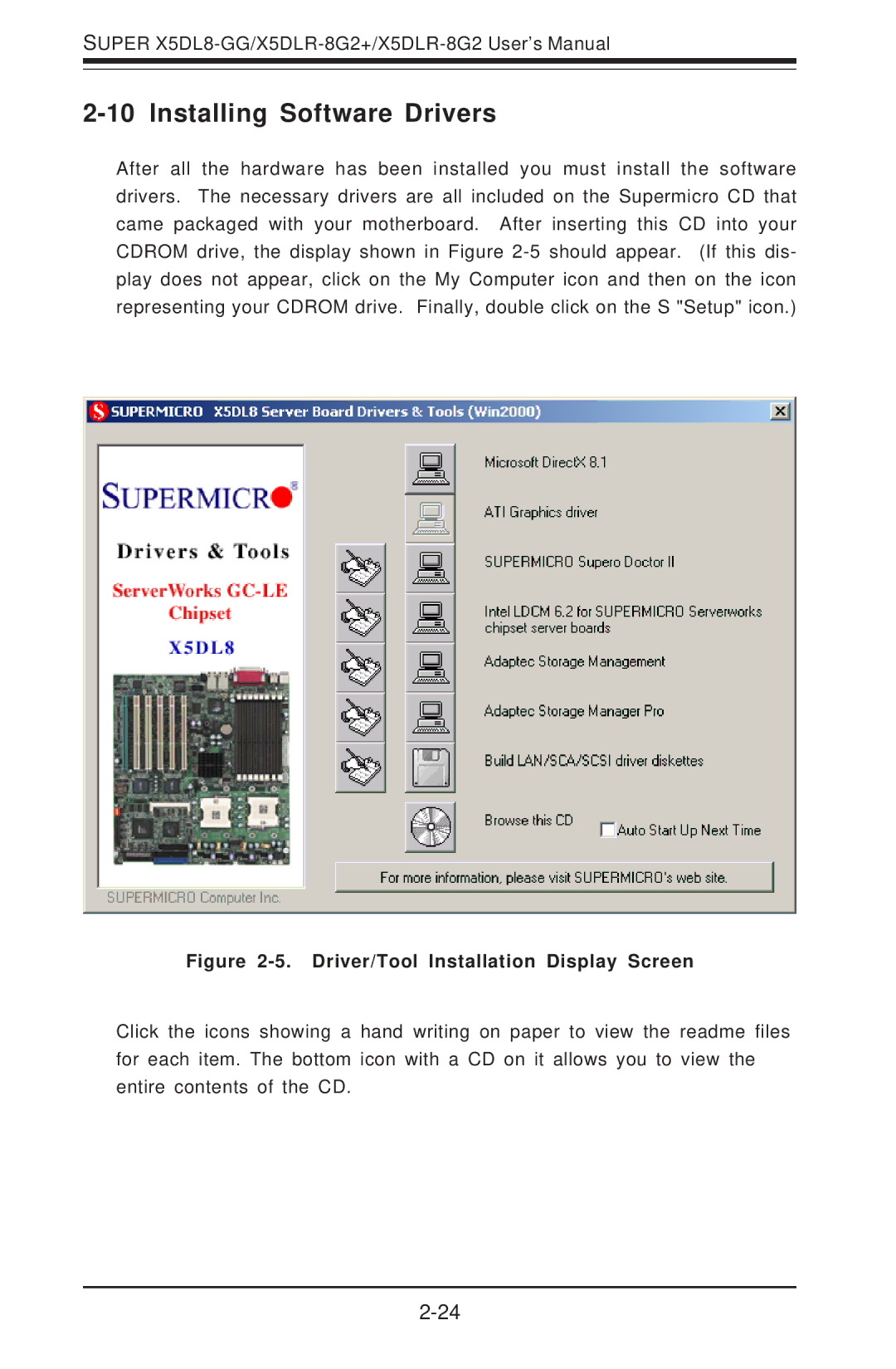 SUPER MICRO Computer SUPER X5DLR-8G2, SUPER X5DL8-GG Installing Software Drivers, Driver/Tool Installation Display Screen 