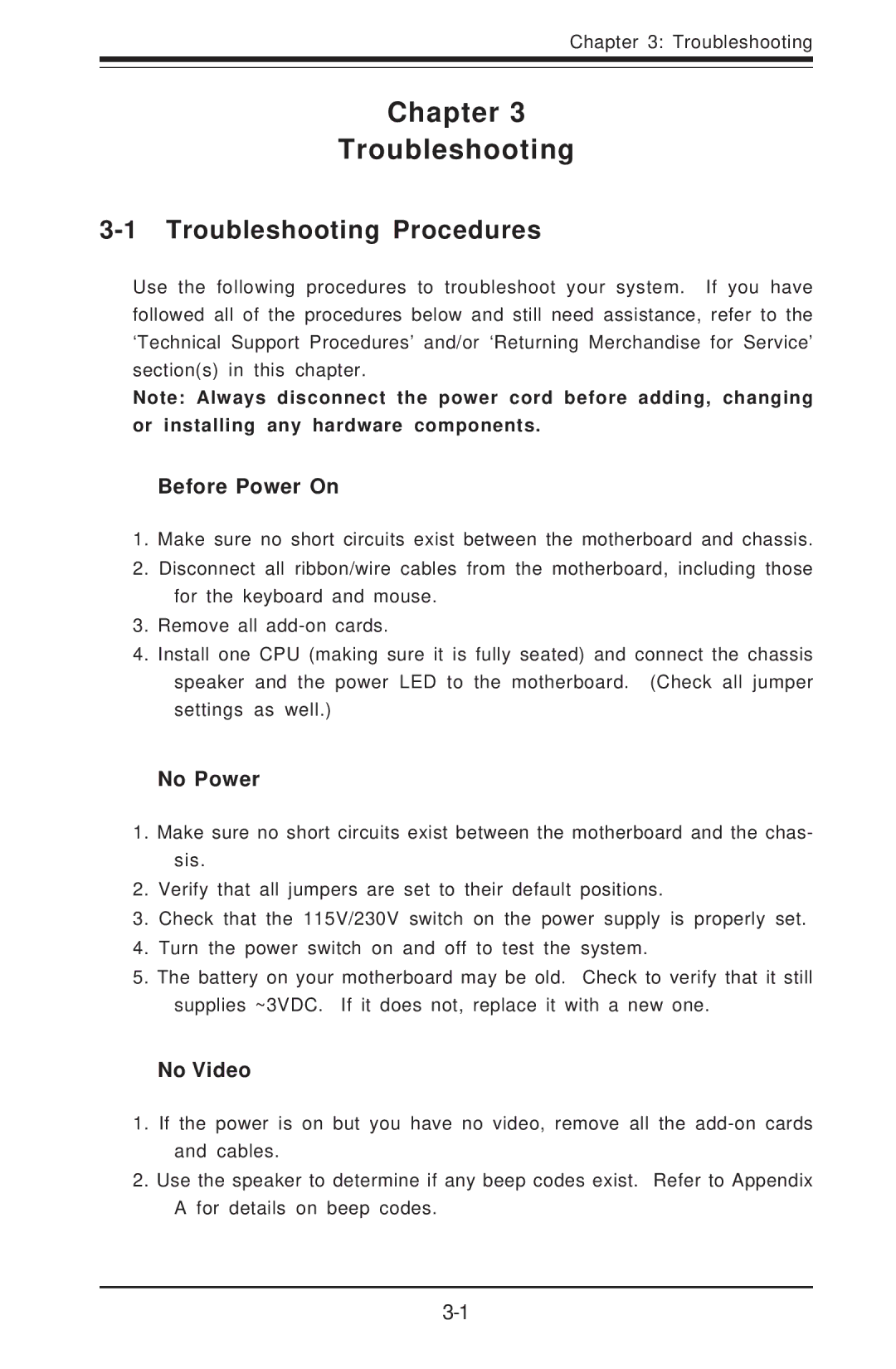 SUPER MICRO Computer SUPER X5DLR-8G2+, SUPER X5DL8-GG Troubleshooting Procedures, Before Power On, No Power, No Video 