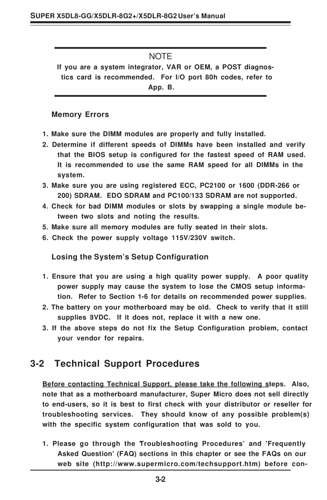 SUPER MICRO Computer SUPER X5DL8-GG Technical Support Procedures, Memory Errors, Losing the System’s Setup Configuration 