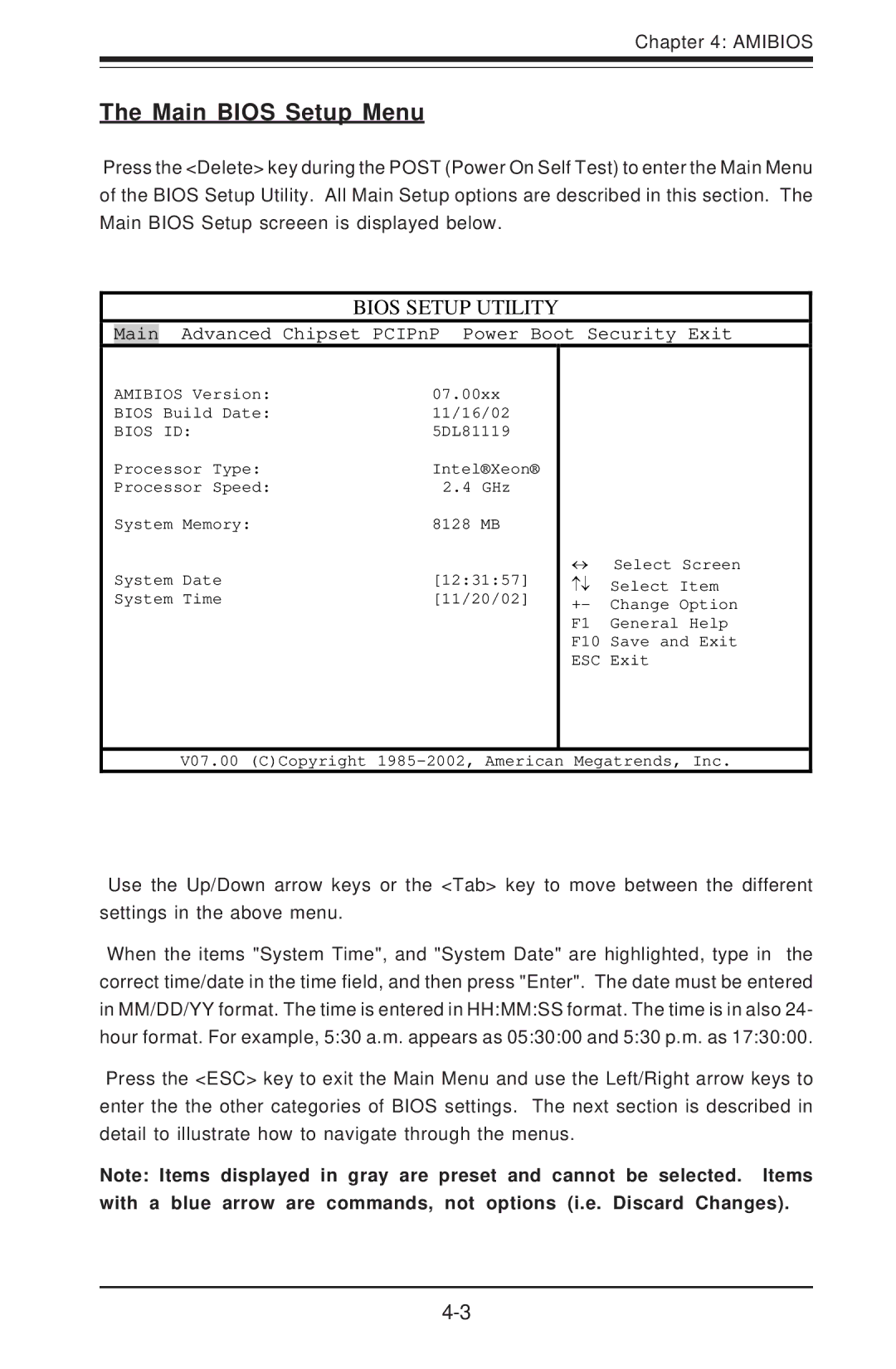 SUPER MICRO Computer SUPER X5DLR-8G2+, SUPER X5DL8-GG user manual Main Bios Setup Menu, Bios Setup Utility 