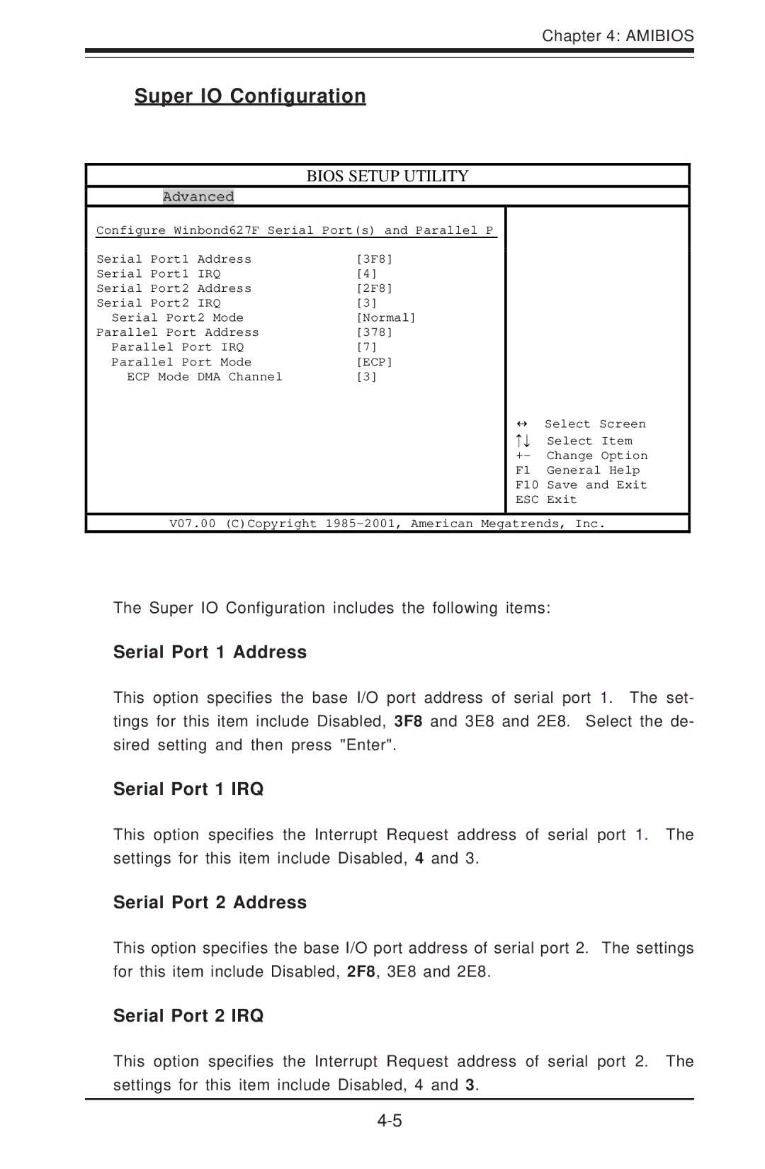 SUPER MICRO Computer SUPER X5DL8-GG Super IO Configuration, Serial Port 1 Address, Serial Port 1 IRQ, Serial Port 2 IRQ 