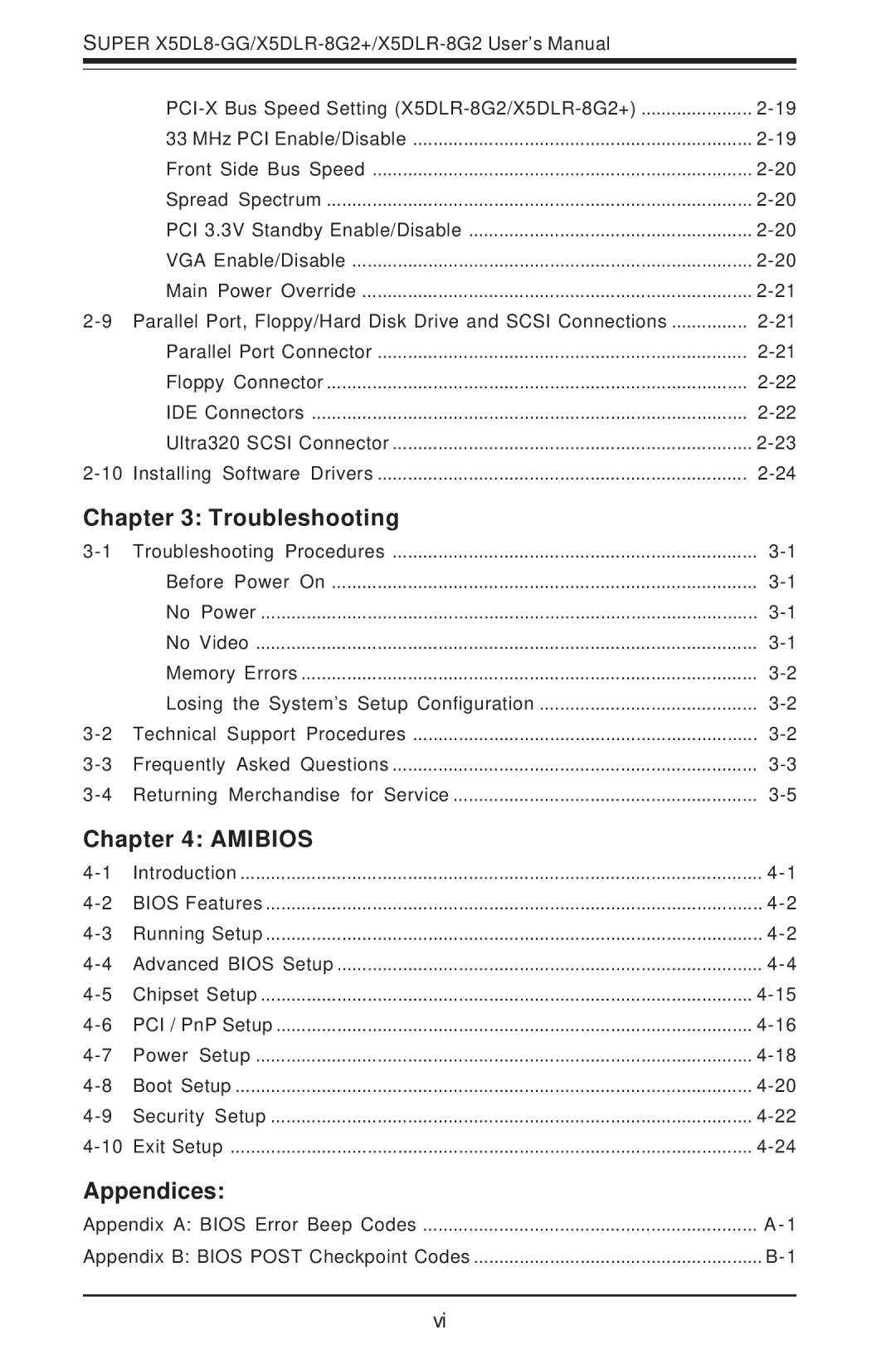 SUPER MICRO Computer SUPER X5DLR-8G2+, SUPER X5DL8-GG user manual Troubleshooting, Amibios, Appendices 