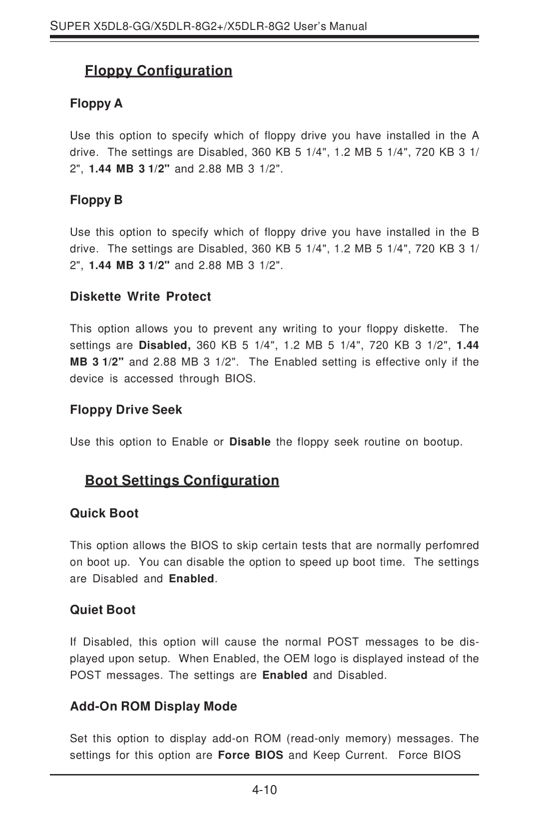 SUPER MICRO Computer SUPER X5DLR-8G2+, SUPER X5DL8-GG user manual Floppy Configuration, Boot Settings Configuration 