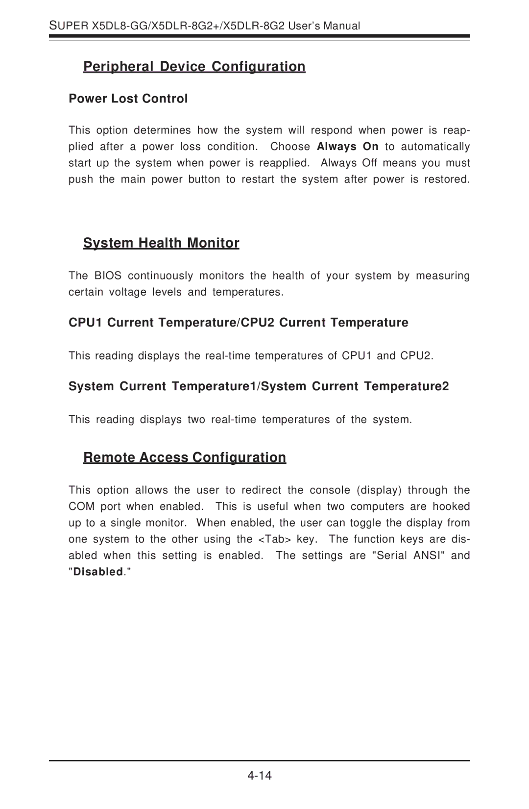 SUPER MICRO Computer SUPER X5DL8-GG Peripheral Device Configuration, System Health Monitor, Remote Access Configuration 