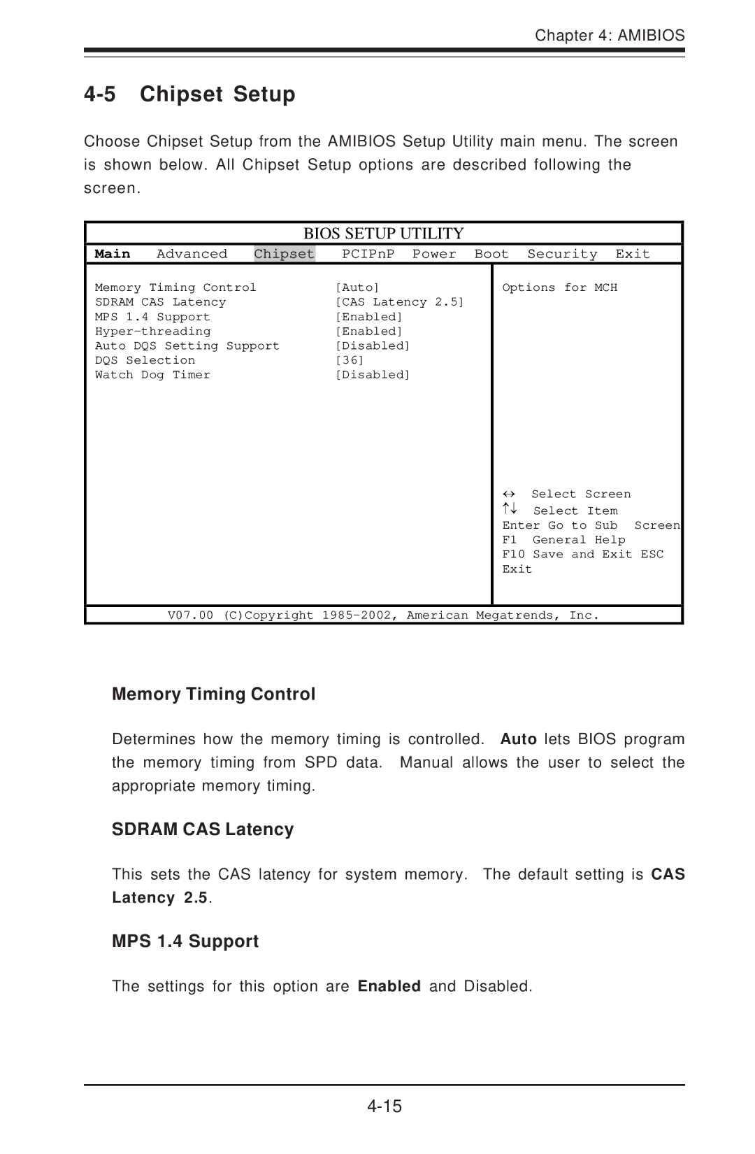 SUPER MICRO Computer SUPER X5DLR-8G2 user manual Chipset Setup, Memory Timing Control, Sdram CAS Latency, MPS 1.4 Support 