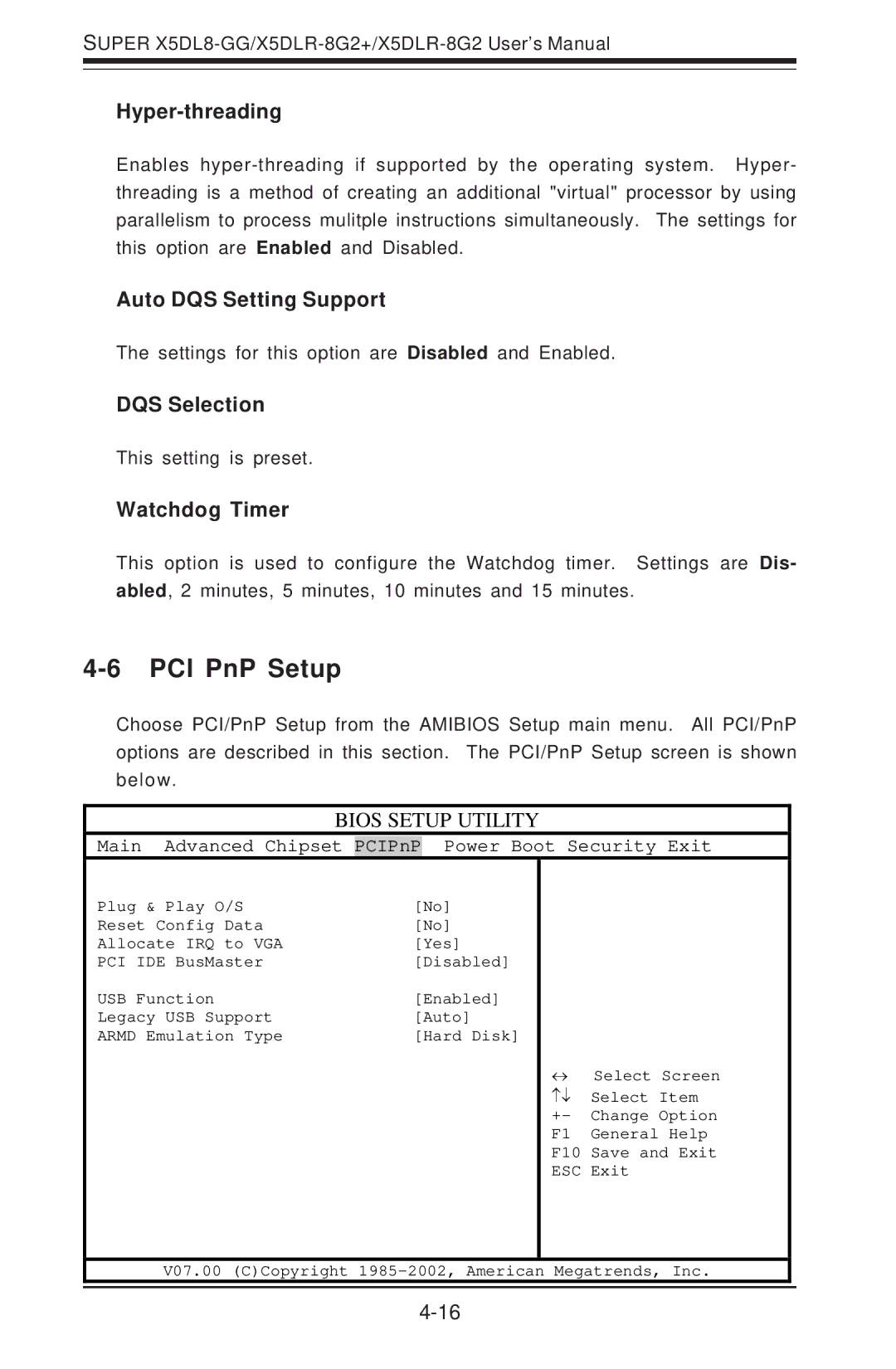 SUPER MICRO Computer SUPER X5DLR-8G2+ user manual PCI PnP Setup, Hyper-threading, Auto DQS Setting Support, DQS Selection 