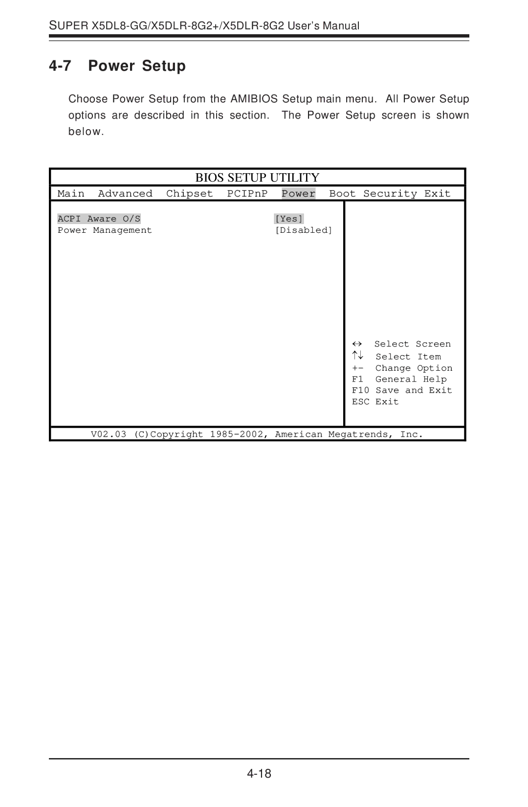 SUPER MICRO Computer SUPER X5DLR-8G2+, SUPER X5DL8-GG user manual Power Setup, Bios Setup Utility 