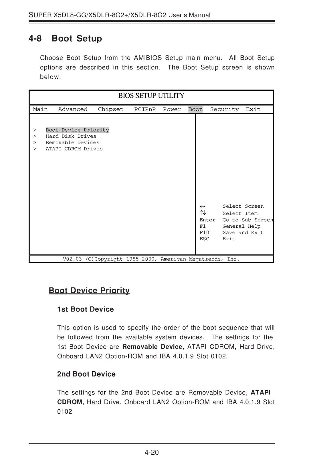 SUPER MICRO Computer SUPER X5DL8-GG, SUPER X5DLR-8G2 Boot Setup, Boot Device Priority, 1st Boot Device, 2nd Boot Device 