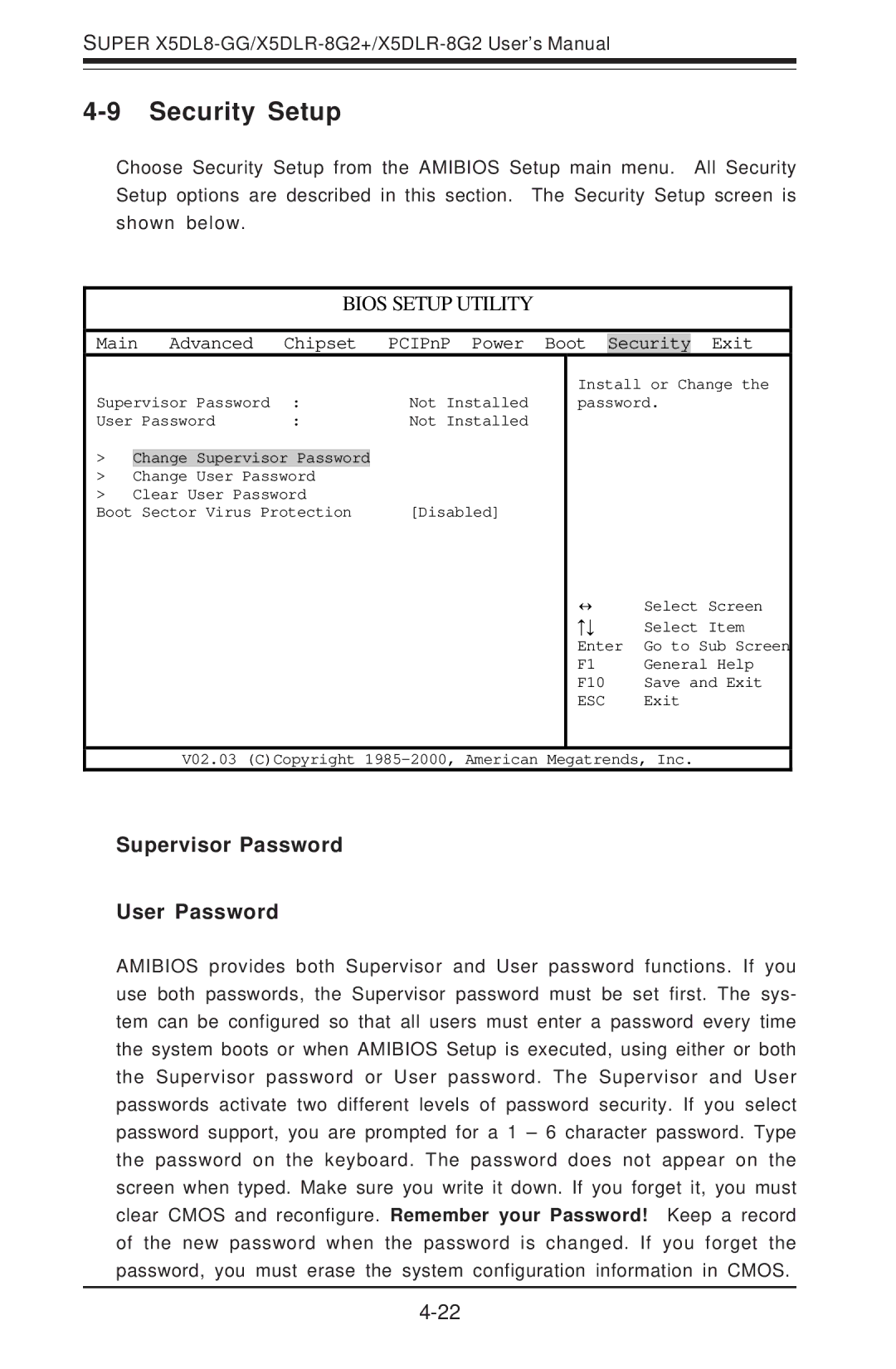 SUPER MICRO Computer SUPER X5DLR-8G2+, SUPER X5DL8-GG user manual Security Setup, Supervisor Password User Password 