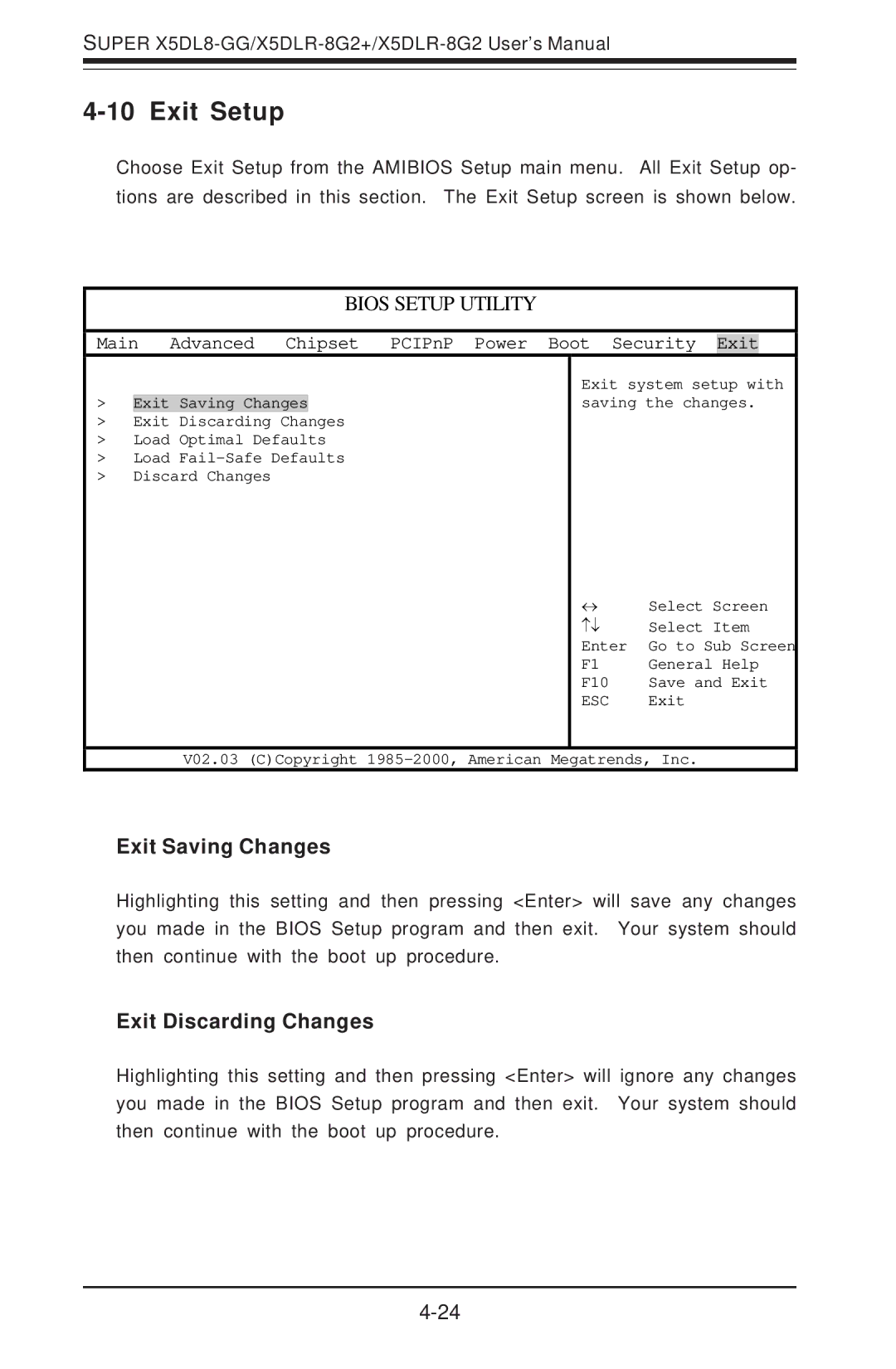 SUPER MICRO Computer SUPER X5DLR-8G2+, SUPER X5DL8-GG Exit Setup, Exit Saving Changes, Exit Discarding Changes 