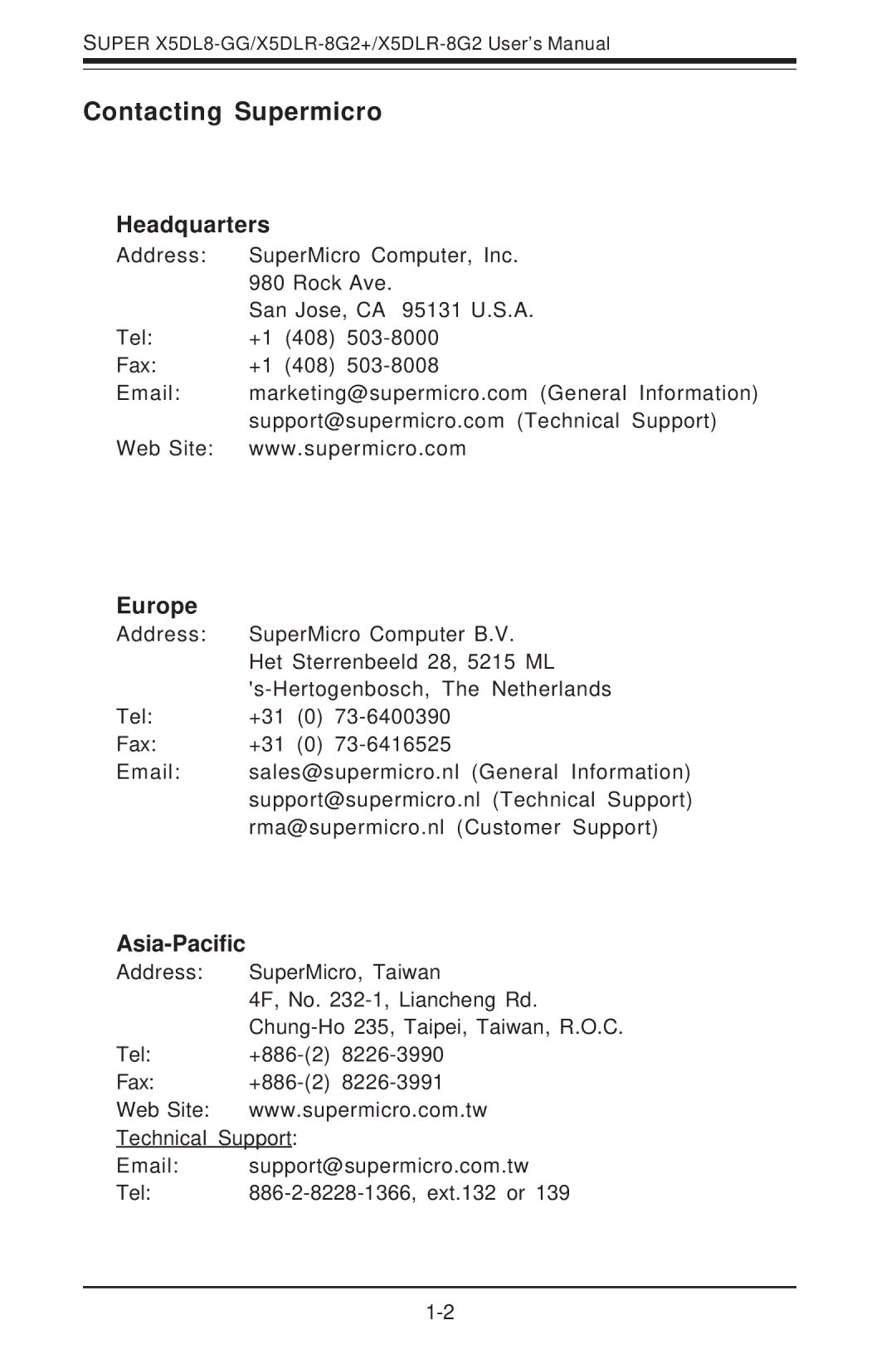 SUPER MICRO Computer SUPER X5DL8-GG, SUPER X5DLR-8G2 user manual Contacting Supermicro, Headquarters, Europe, Asia-Pacific 