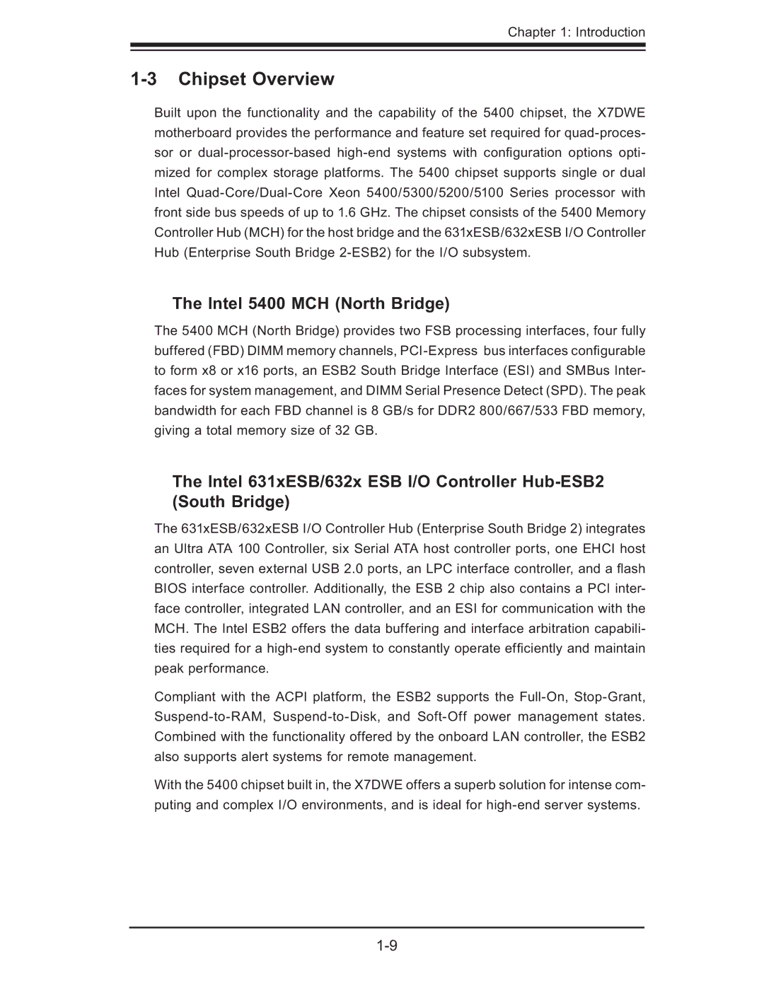 SUPER MICRO Computer X7DWE, Supero user manual Chipset Overview, Intel 5400 MCH North Bridge 