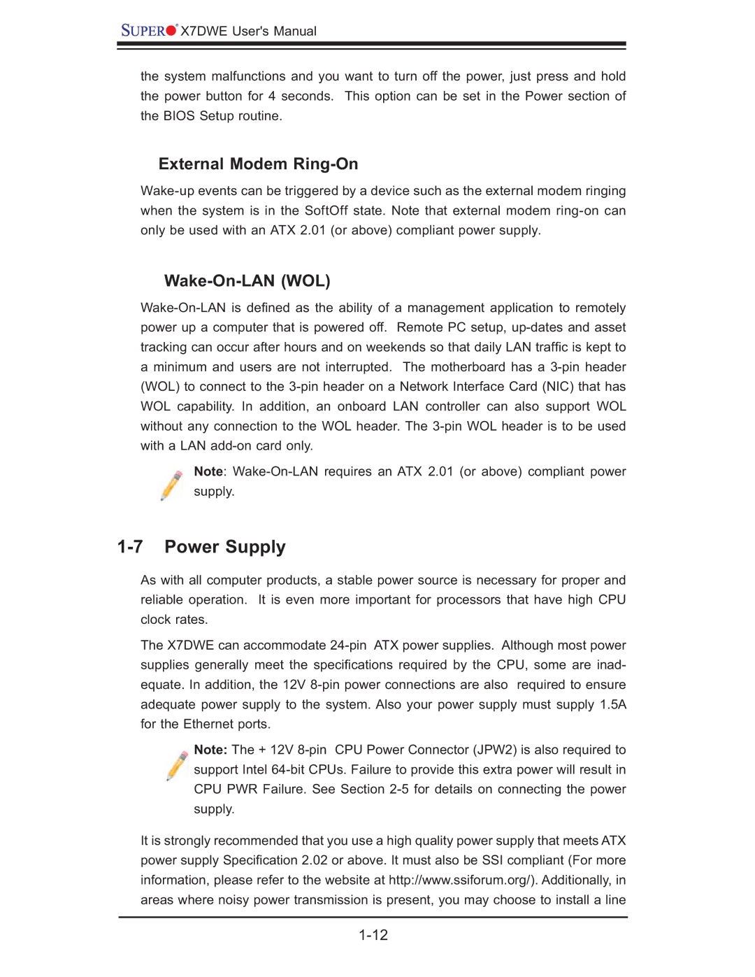 SUPER MICRO Computer Supero, X7DWE user manual Power Supply, External Modem Ring-On, Wake-On-LAN WOL 