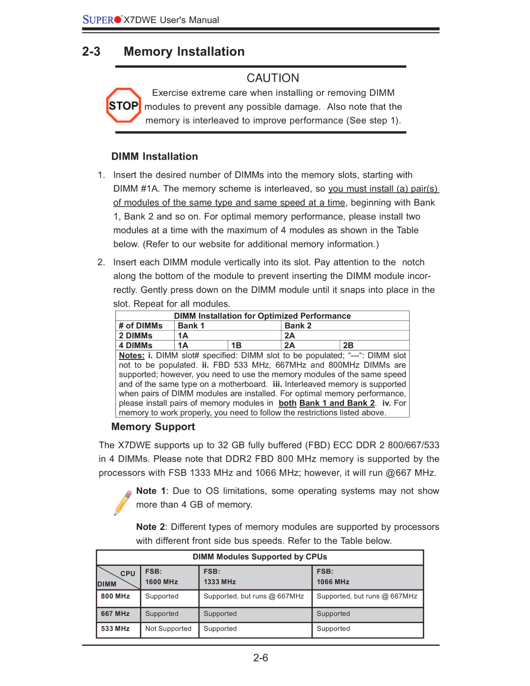 SUPER MICRO Computer Supero, X7DWE user manual Memory Installation, Dimm Installation, Memory Support 