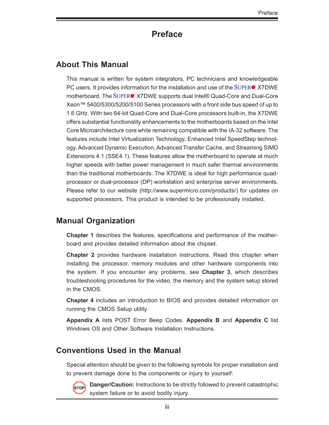 SUPER MICRO Computer X7DWE, Supero user manual About This Manual, Manual Organization, Conventions Used in the Manual 