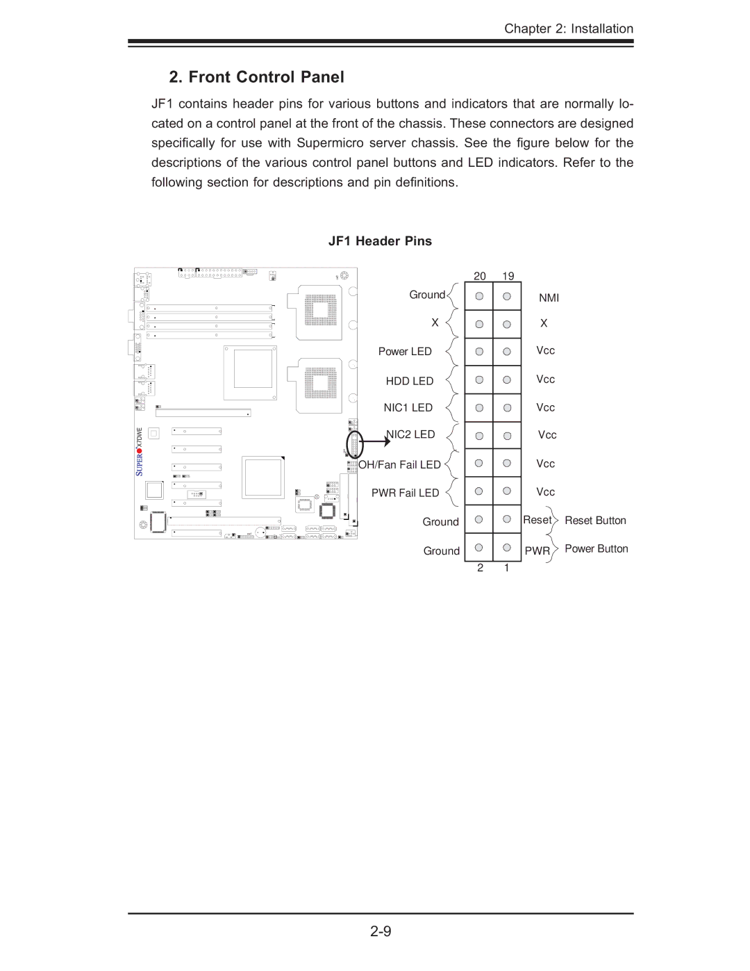 SUPER MICRO Computer X7DWE, Supero user manual Front Control Panel, JF1 Header Pins 