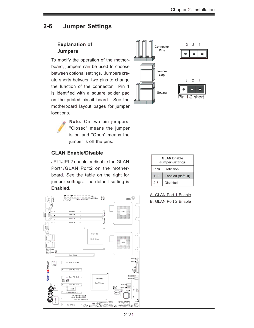 SUPER MICRO Computer X7DWE, Supero user manual Jumper Settings, Explanation Jumpers, Glan Enable/Disable, Enabled 