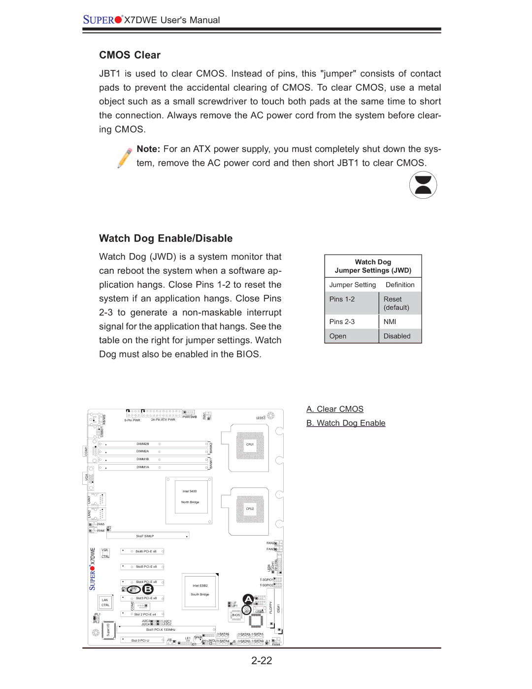 SUPER MICRO Computer Supero, X7DWE user manual Cmos Clear, Watch Dog Enable/Disable 