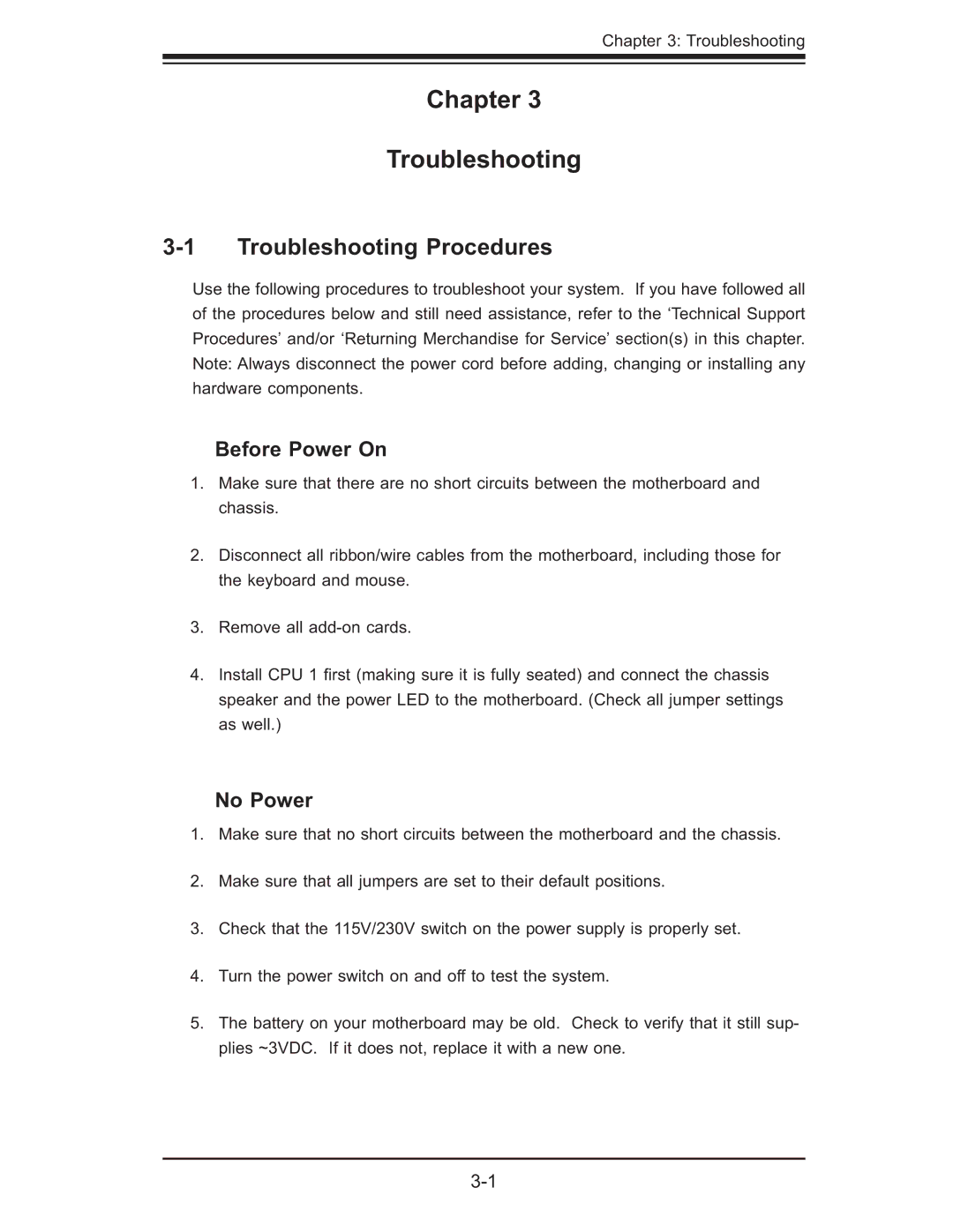 SUPER MICRO Computer X7DWE, Supero user manual Troubleshooting Procedures, Before Power On, No Power 