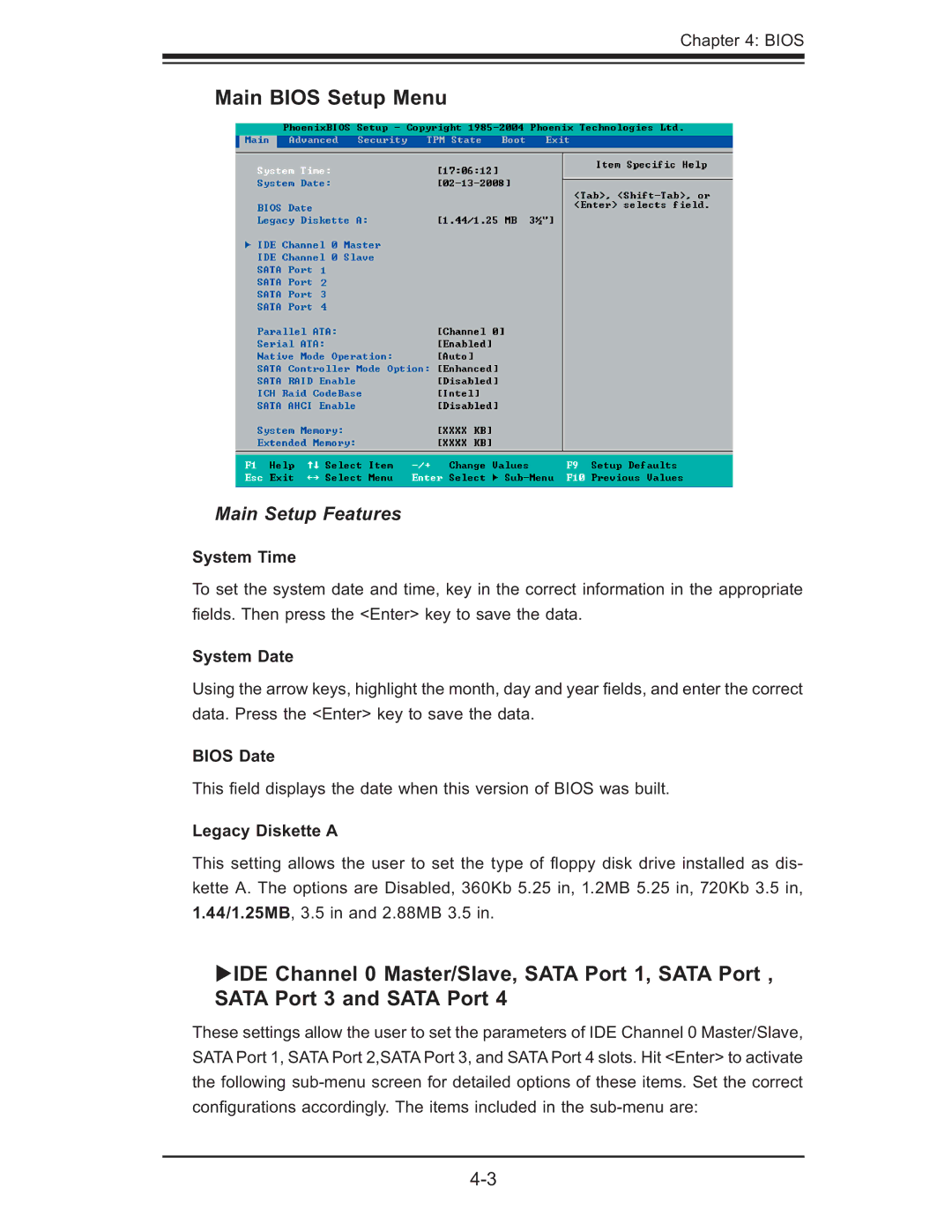 SUPER MICRO Computer X7DWE, Supero user manual Main Bios Setup Menu, System Time, System Date, Bios Date, Legacy Diskette a 