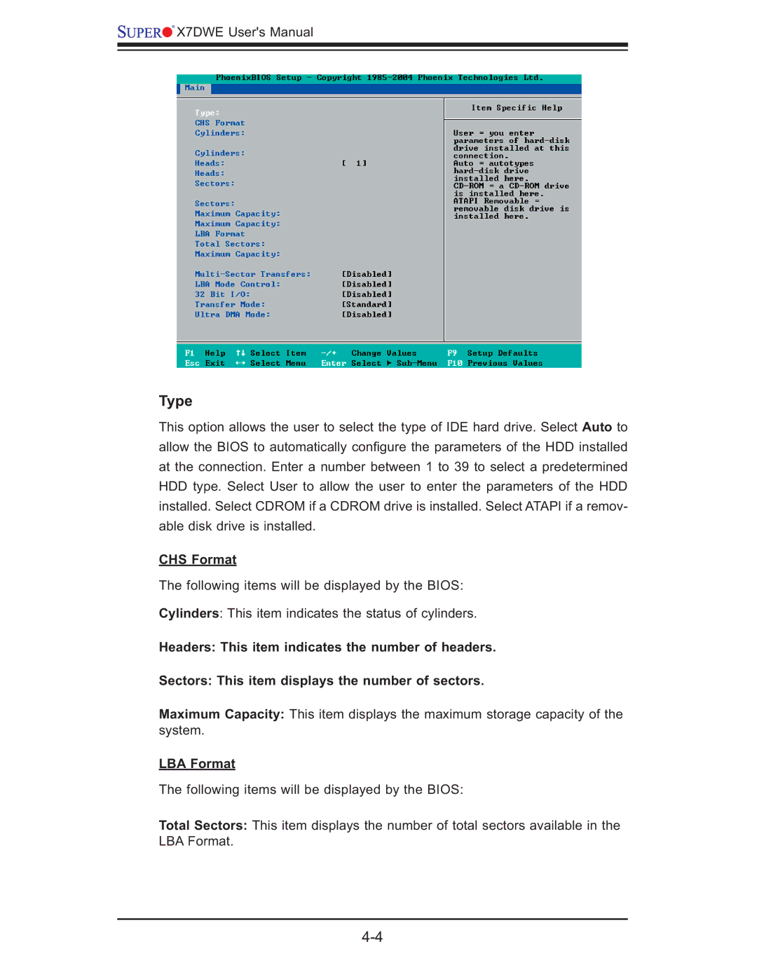 SUPER MICRO Computer Supero, X7DWE user manual Type, CHS Format, LBA Format 