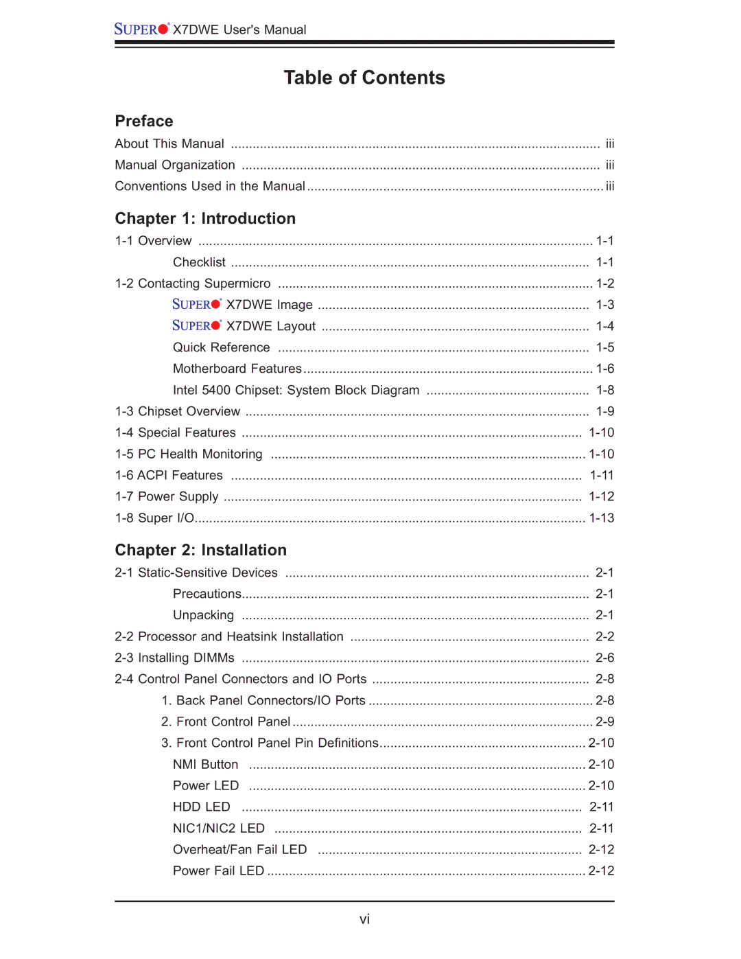 SUPER MICRO Computer Supero, X7DWE user manual Table of Contents 