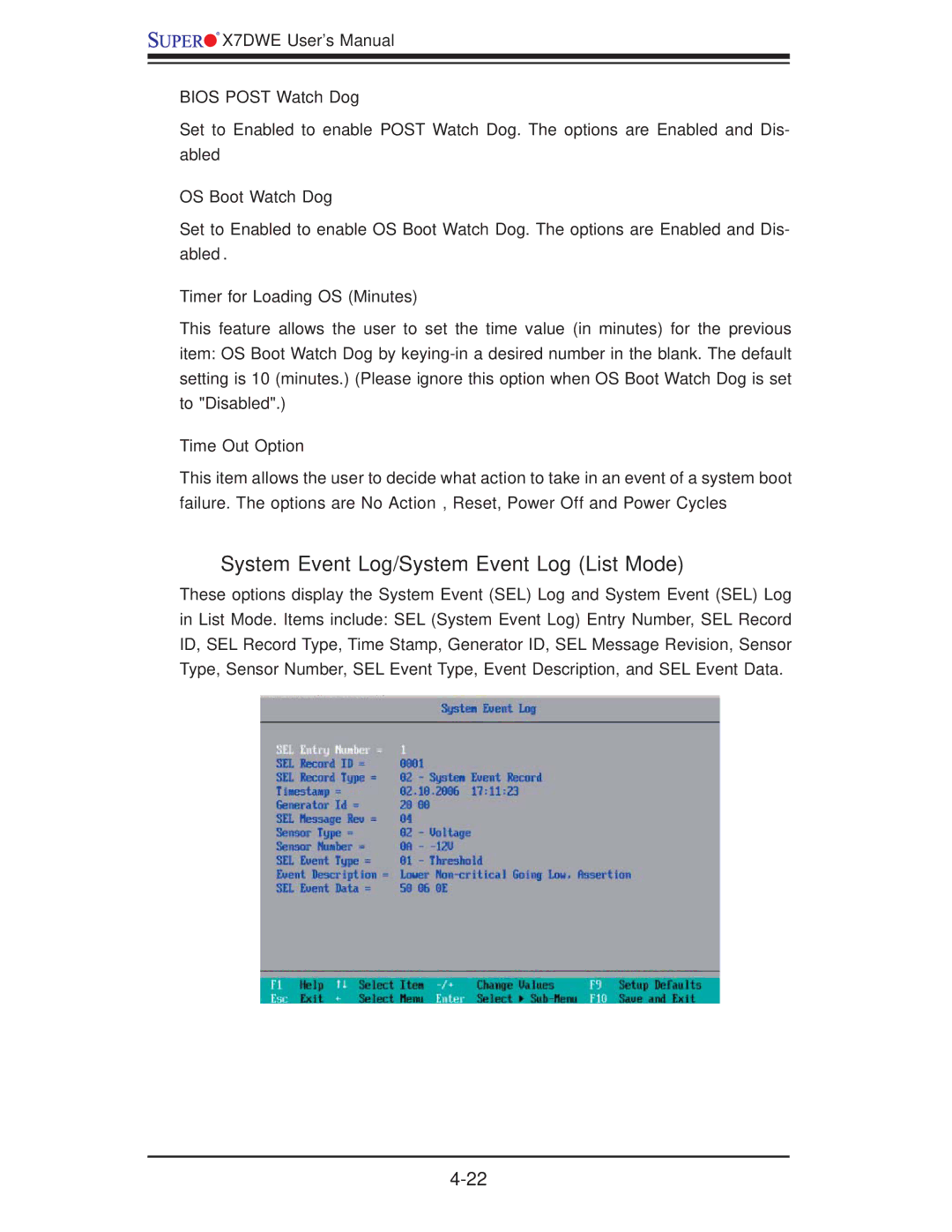 SUPER MICRO Computer Supero System Event Log/System Event Log List Mode, Bios Post Watch Dog, Abled OS Boot Watch Dog 