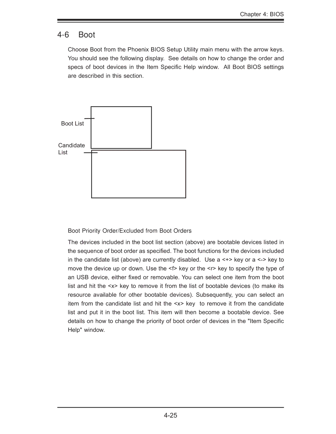 SUPER MICRO Computer X7DWE, Supero user manual Boot Priority Order/Excluded from Boot Orders 