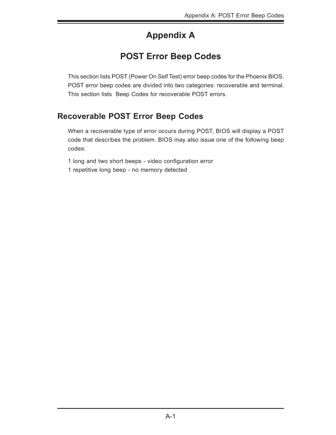 SUPER MICRO Computer X7DWE, Supero user manual Appendix a Post Error Beep Codes, Recoverable Post Error Beep Codes 