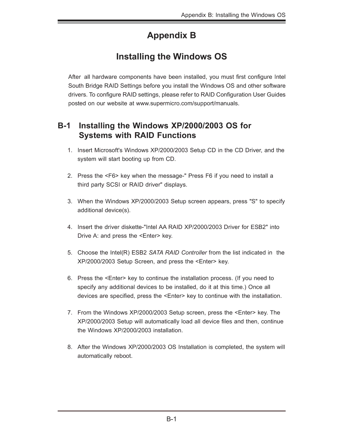 SUPER MICRO Computer X7DWE, Supero user manual Appendix B Installing the Windows OS 