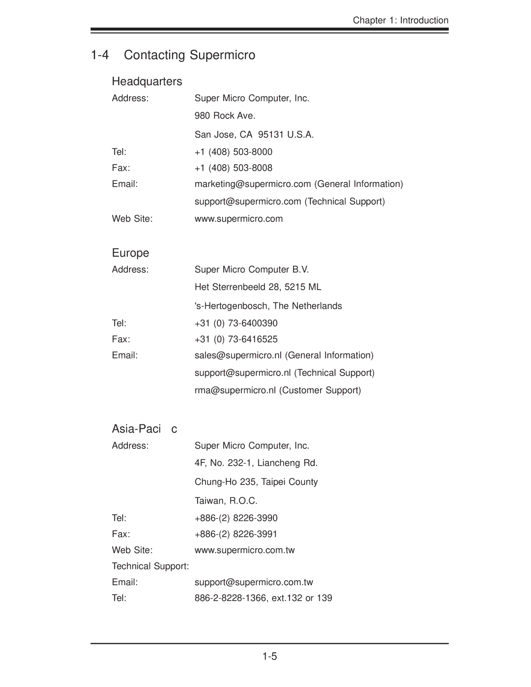 SUPER MICRO Computer SuperServer 5016I-TF user manual Contacting Supermicro, Headquarters, Europe, Asia-Paciﬁc 