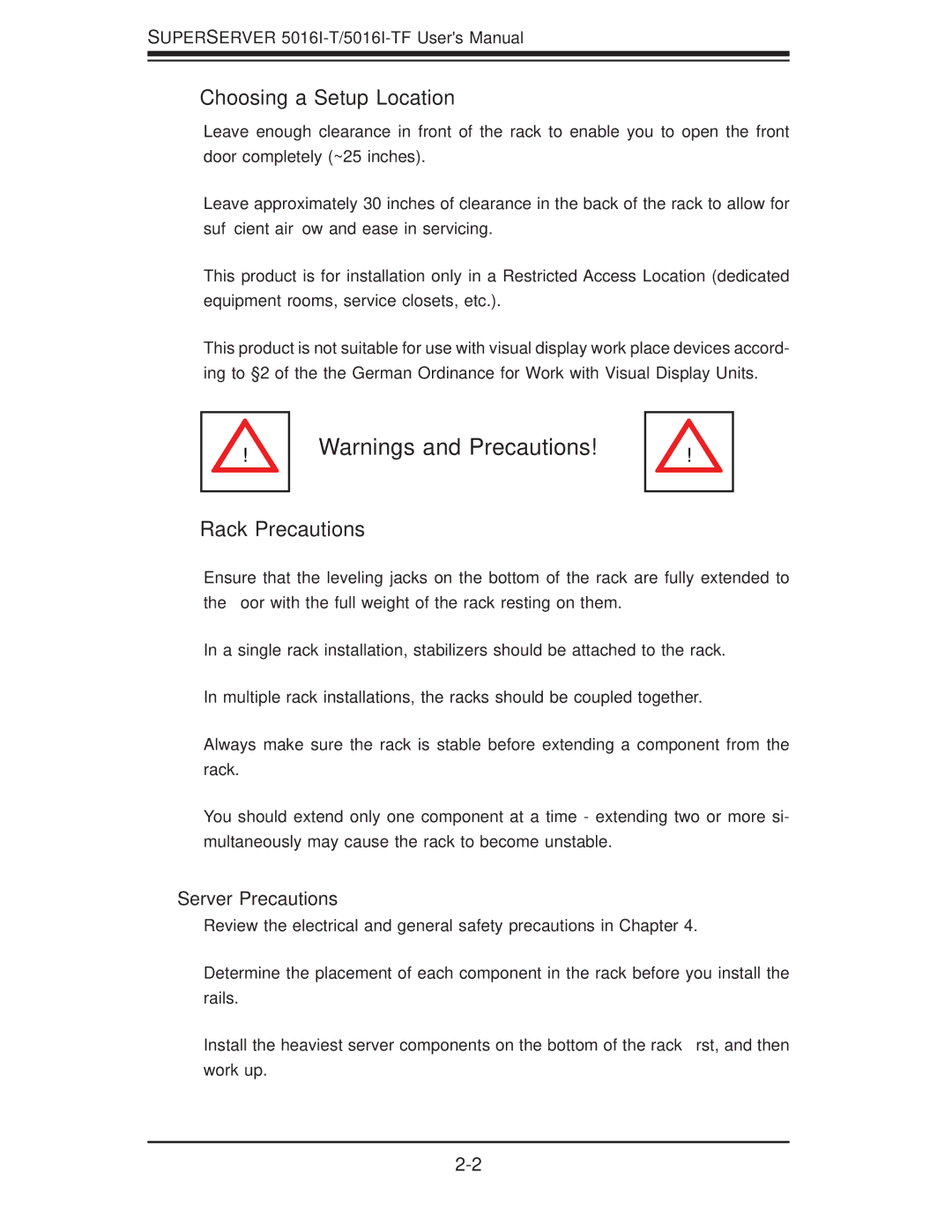 SUPER MICRO Computer SuperServer 5016I-TF user manual Choosing a Setup Location, Rack Precautions 