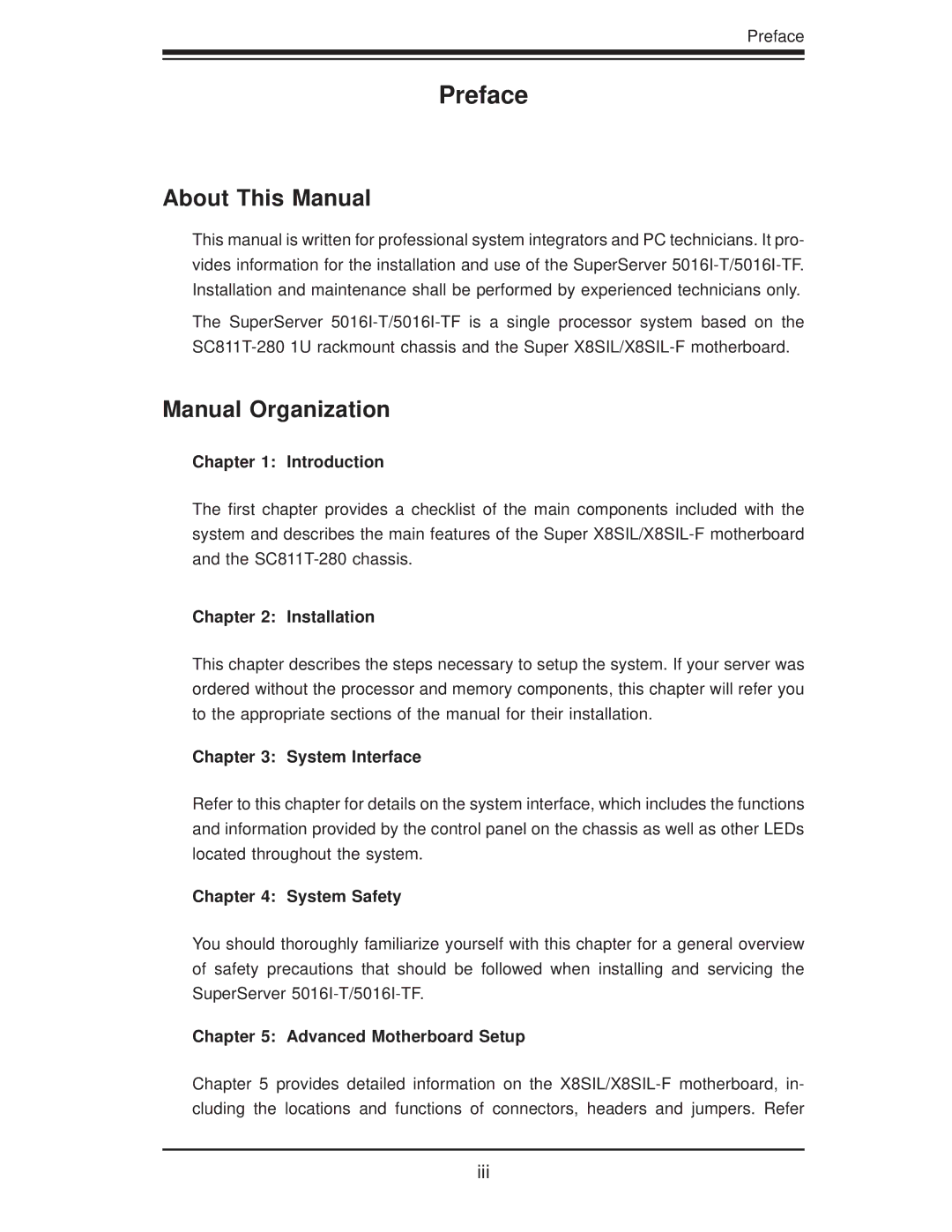 SUPER MICRO Computer SuperServer 5016I-TF user manual Preface, About This Manual, Manual Organization 